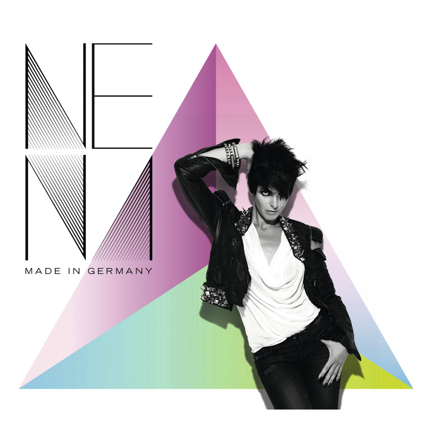 NENA Albumcover mit Frau in schwarzer Lederjacke, weißem Top und farbigem Dreieck.
