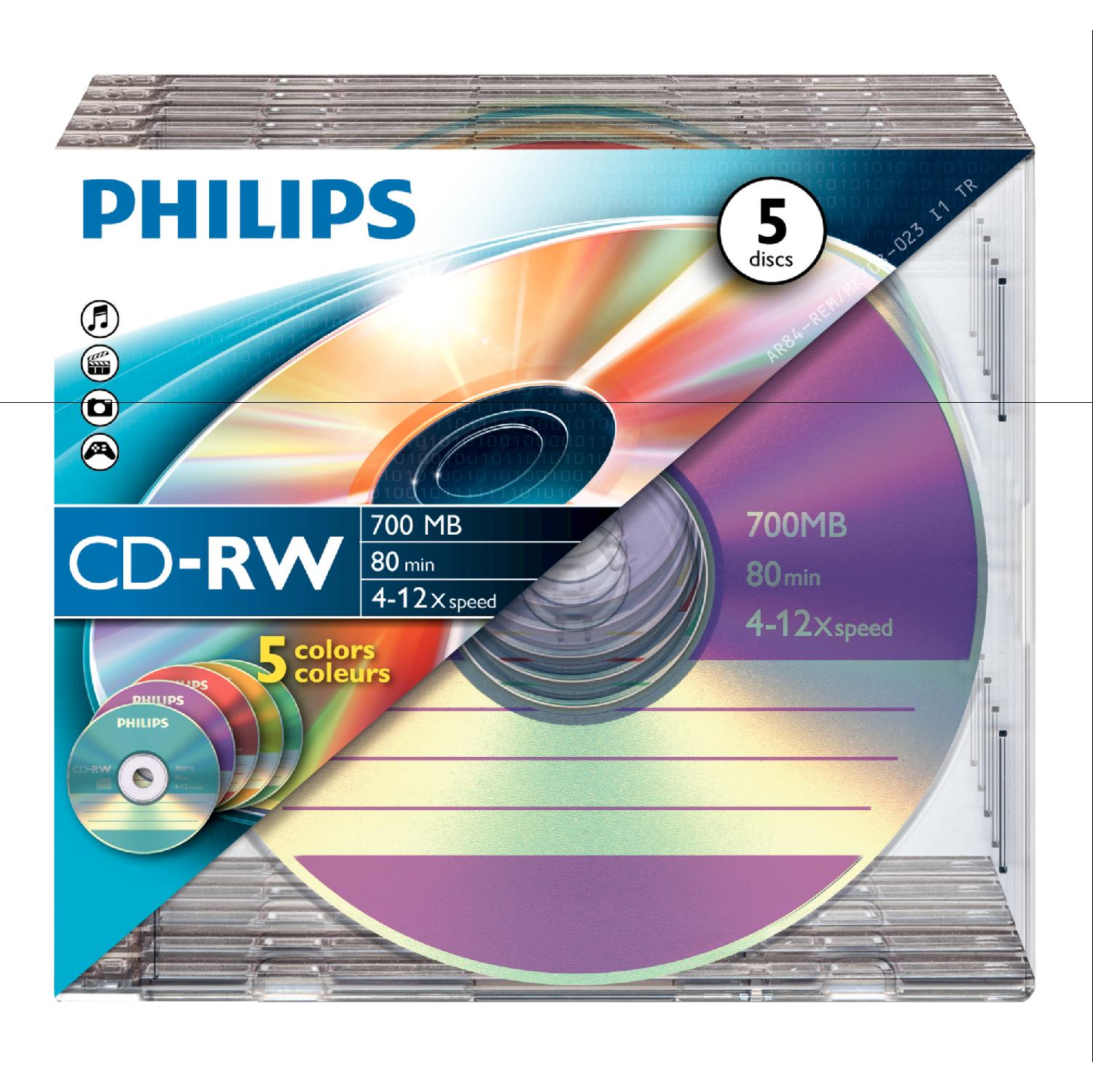 Pack Philips CD-RW avec 5 disques et disques colorés à gauche.