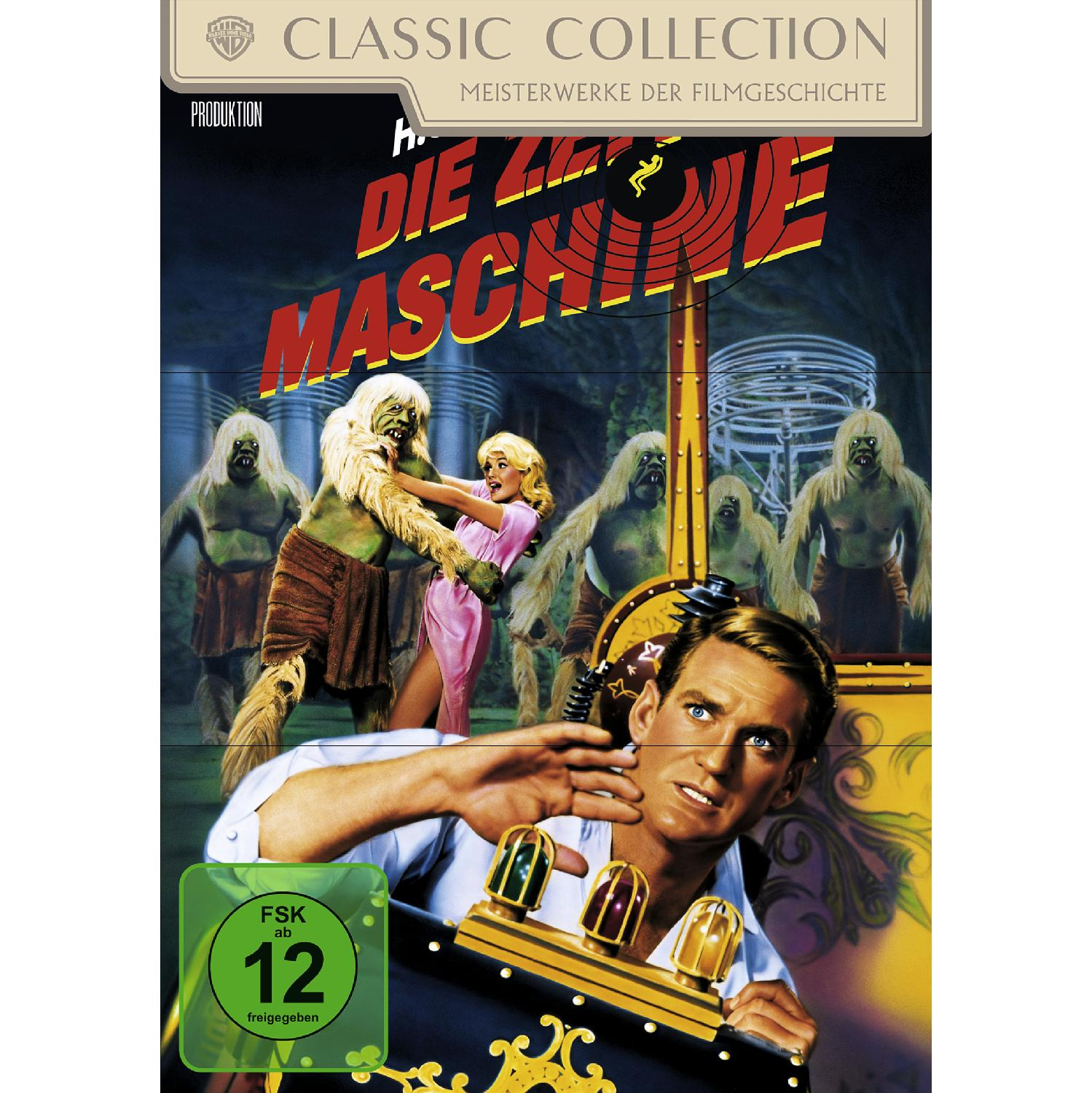 Filmplakat für 'Die Zeitmaschine'. Mann blickt nach oben, umgeben von Monstern und Frau.