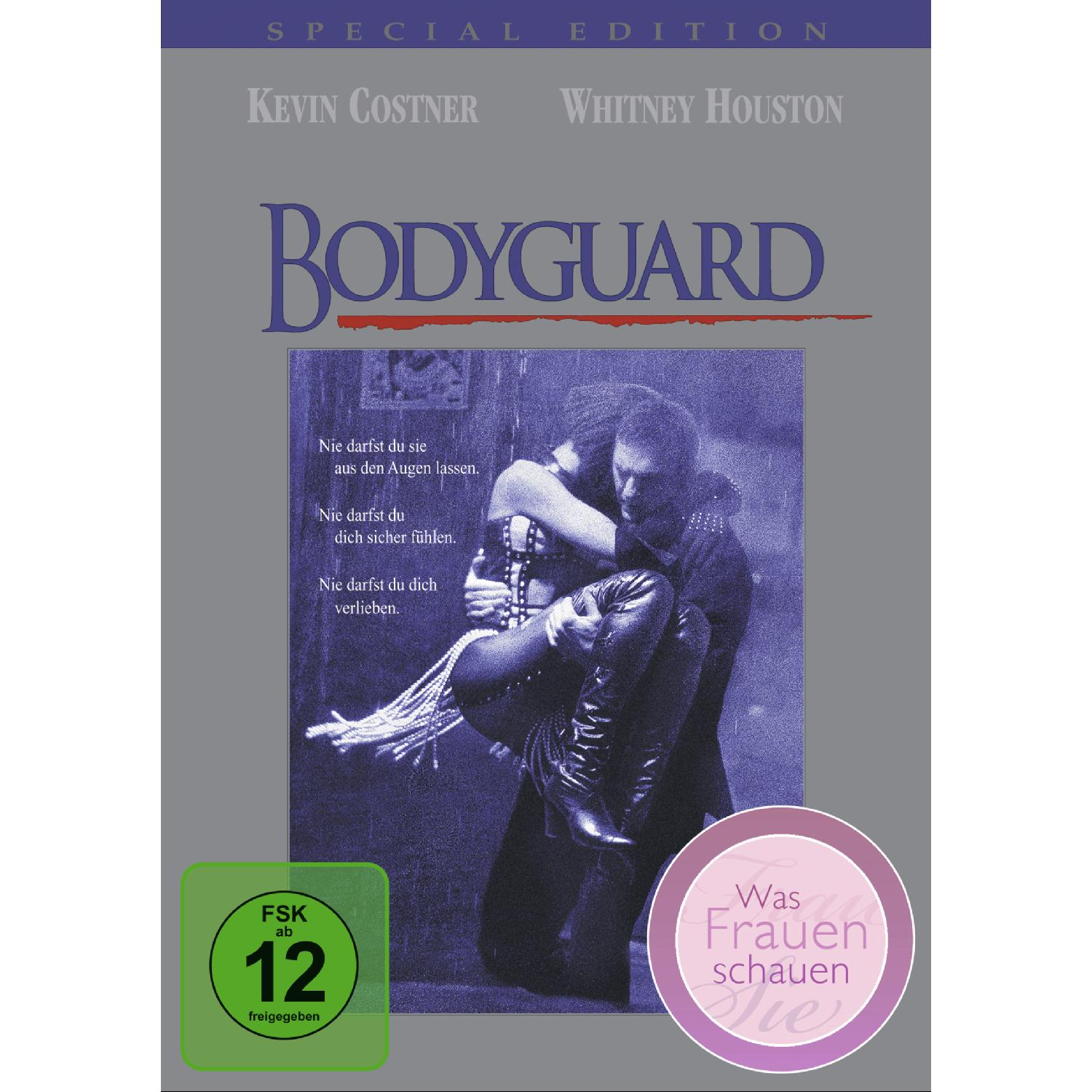 Bodyguard DVD-Cover, Kevin Costner und Whitney Houston, Bild von ihnen beim Umarmen, mit deutschem Text und Bewertung.