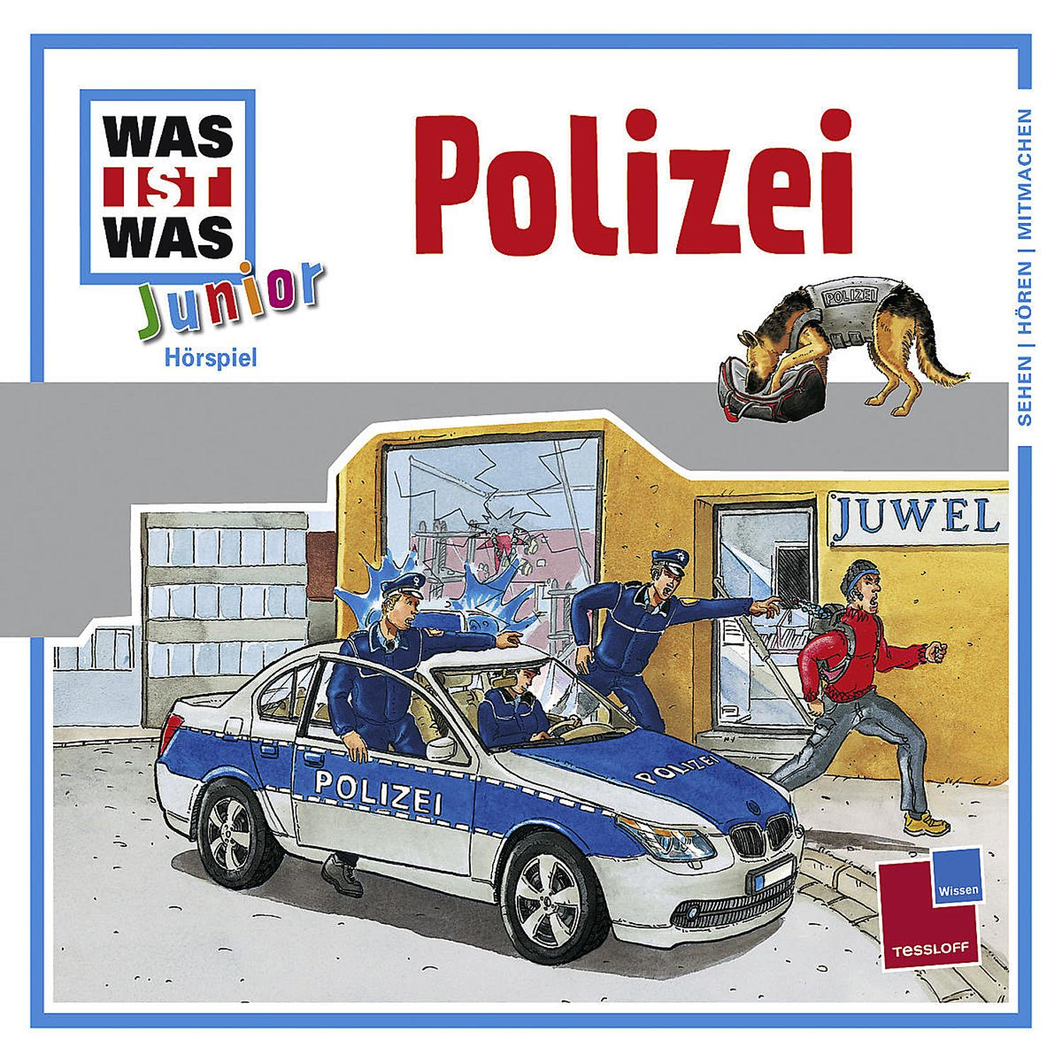 Kinderbuchcover: Polizeiauto, Comic-Polizisten, ein Hund und ein weglaufender Krimineller.