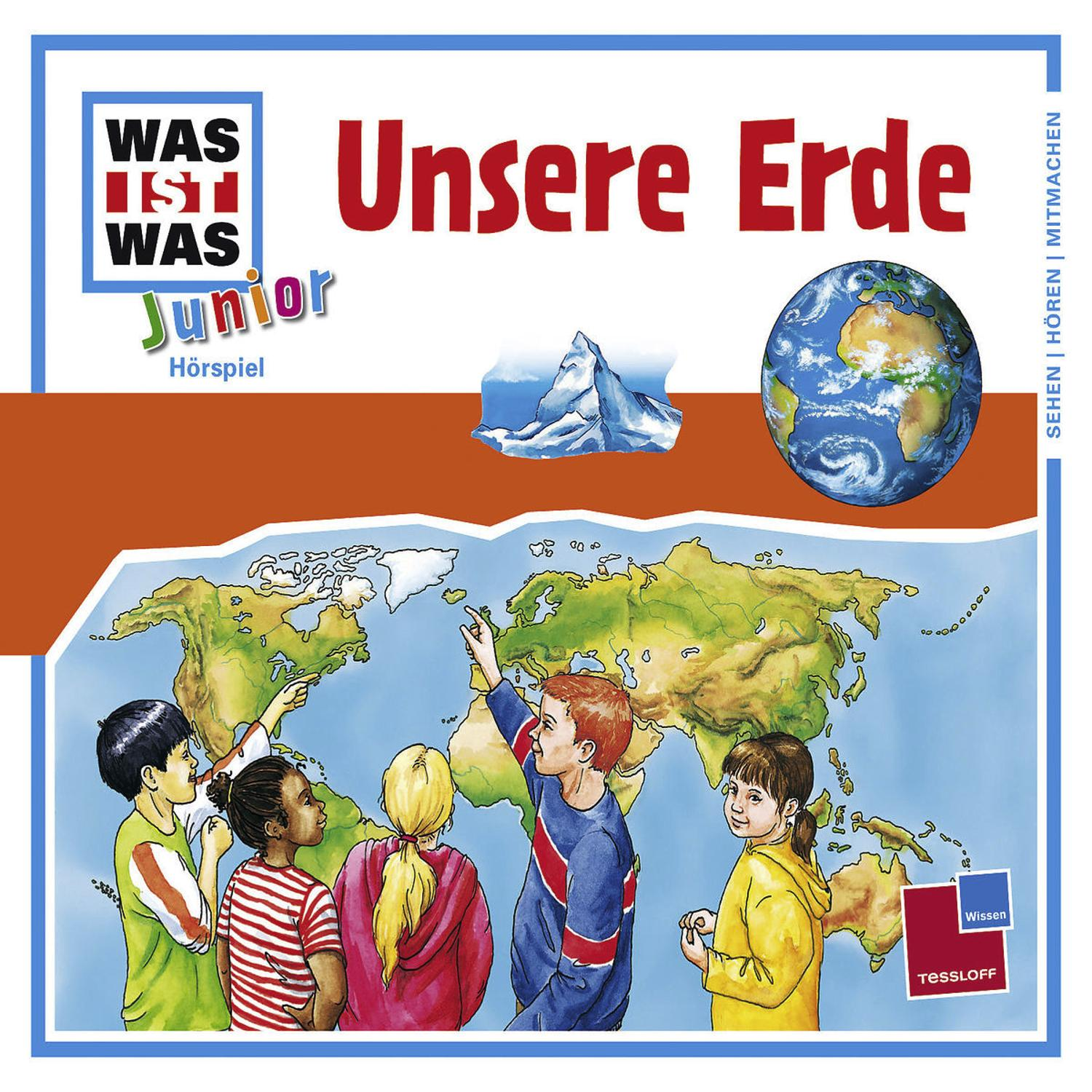 Buchcover, Zeichentrickkinder zeigen auf eine Erdkarte, blauer Globus im Hintergrund.