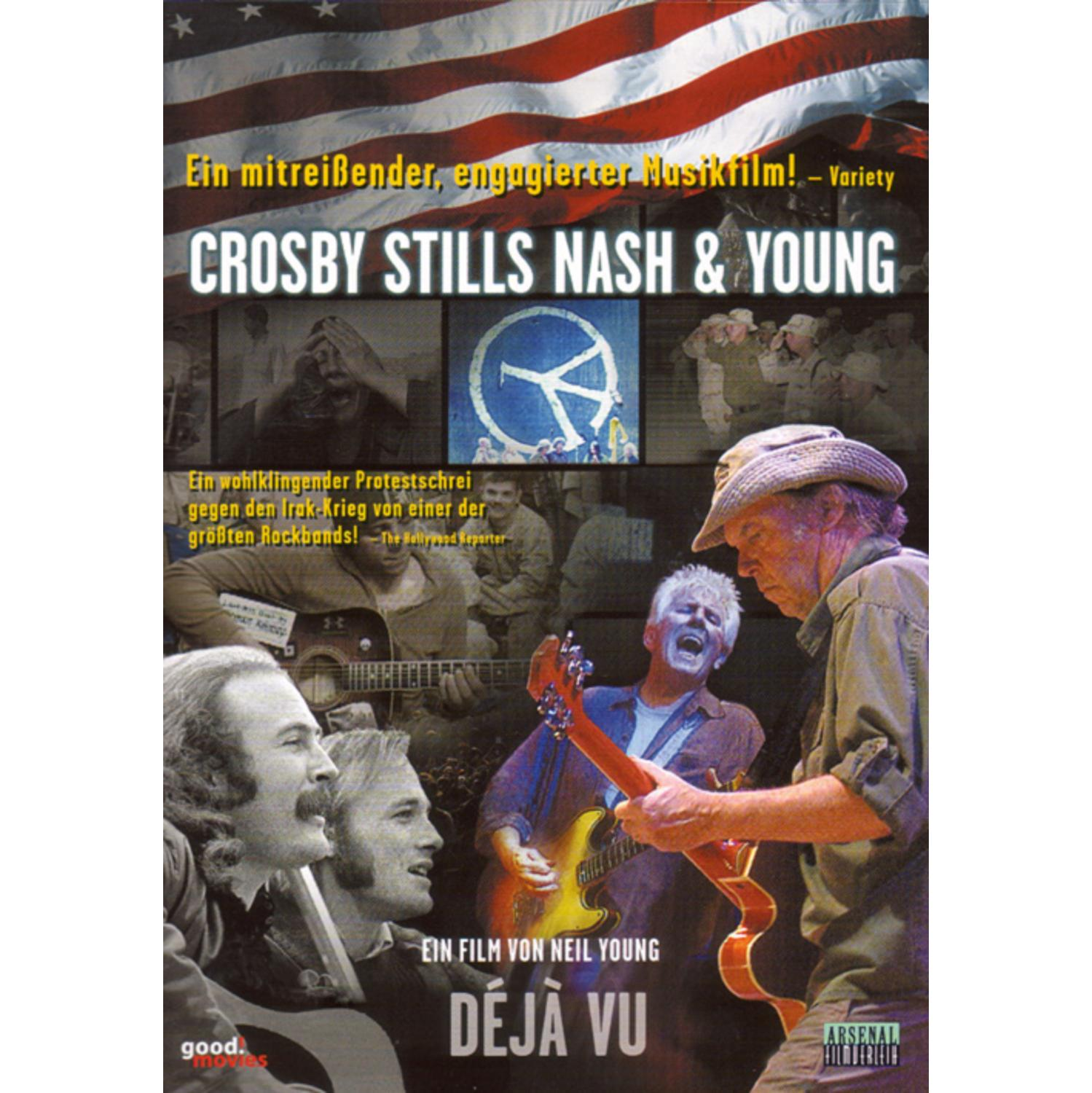 DVD-Cover mit "Crosby, Stills, Nash & Young" und einer US-Flagge. Zeigt Bandmitglieder und Text.