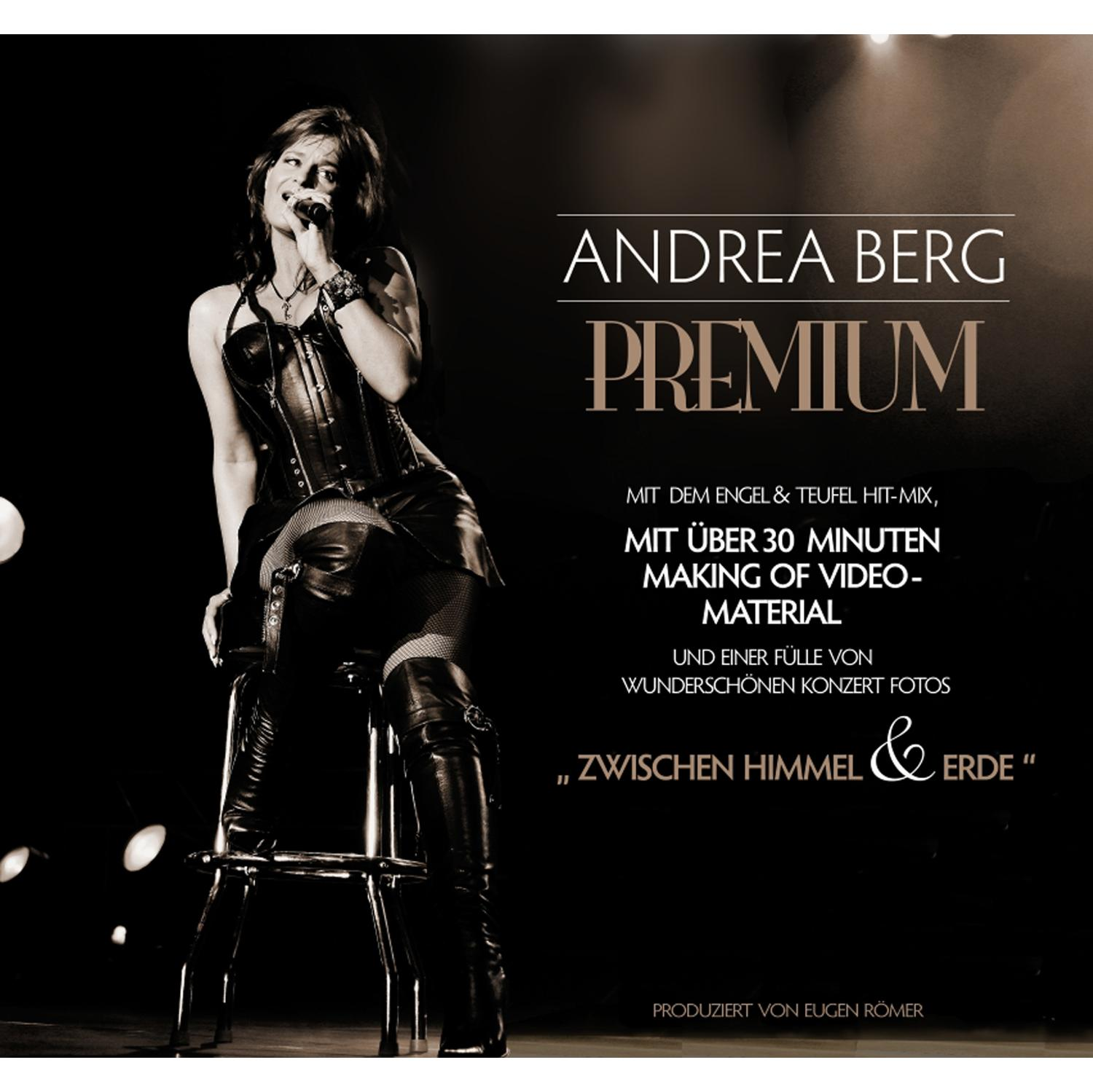 Albumcover. Frau singt, sitzt auf einem Hocker. Titel: Andrea Berg Premium.