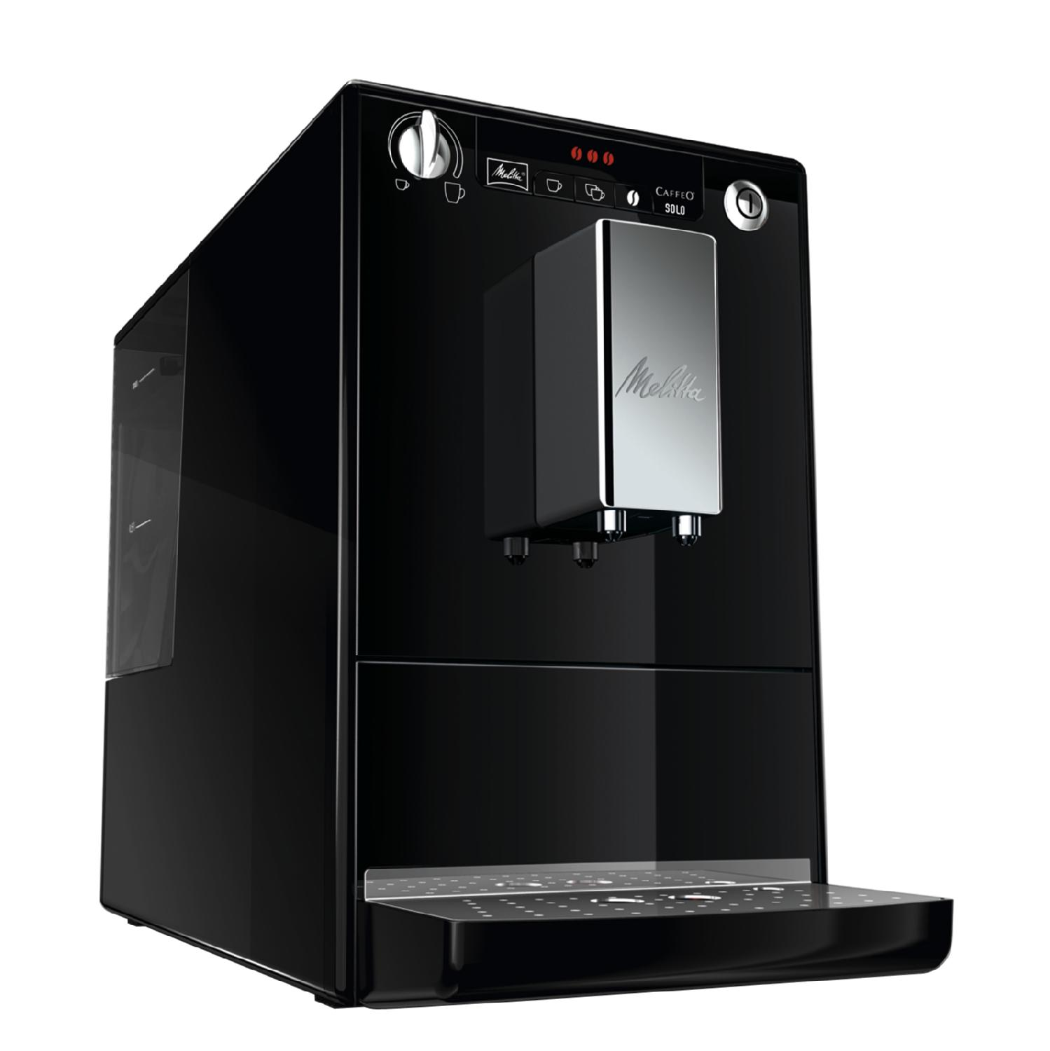 Schwarze Melitta Caffeo Kaffeemaschine, schräge Frontansicht, mit silbernen Akzenten.