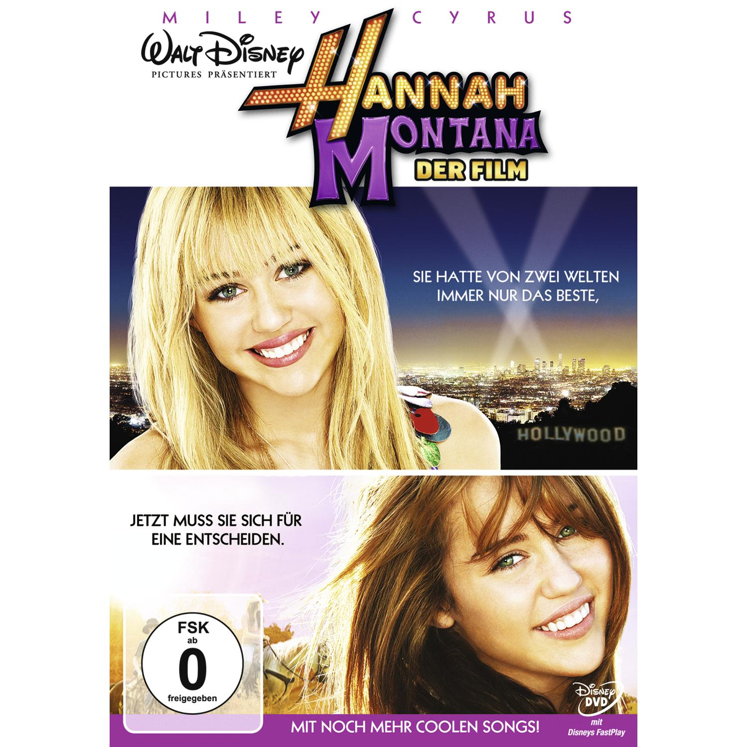 DVD-Cover von 'Hannah Montana: Der Film'. Miley Cyrus lächelt und eine Hollywood-Szene.