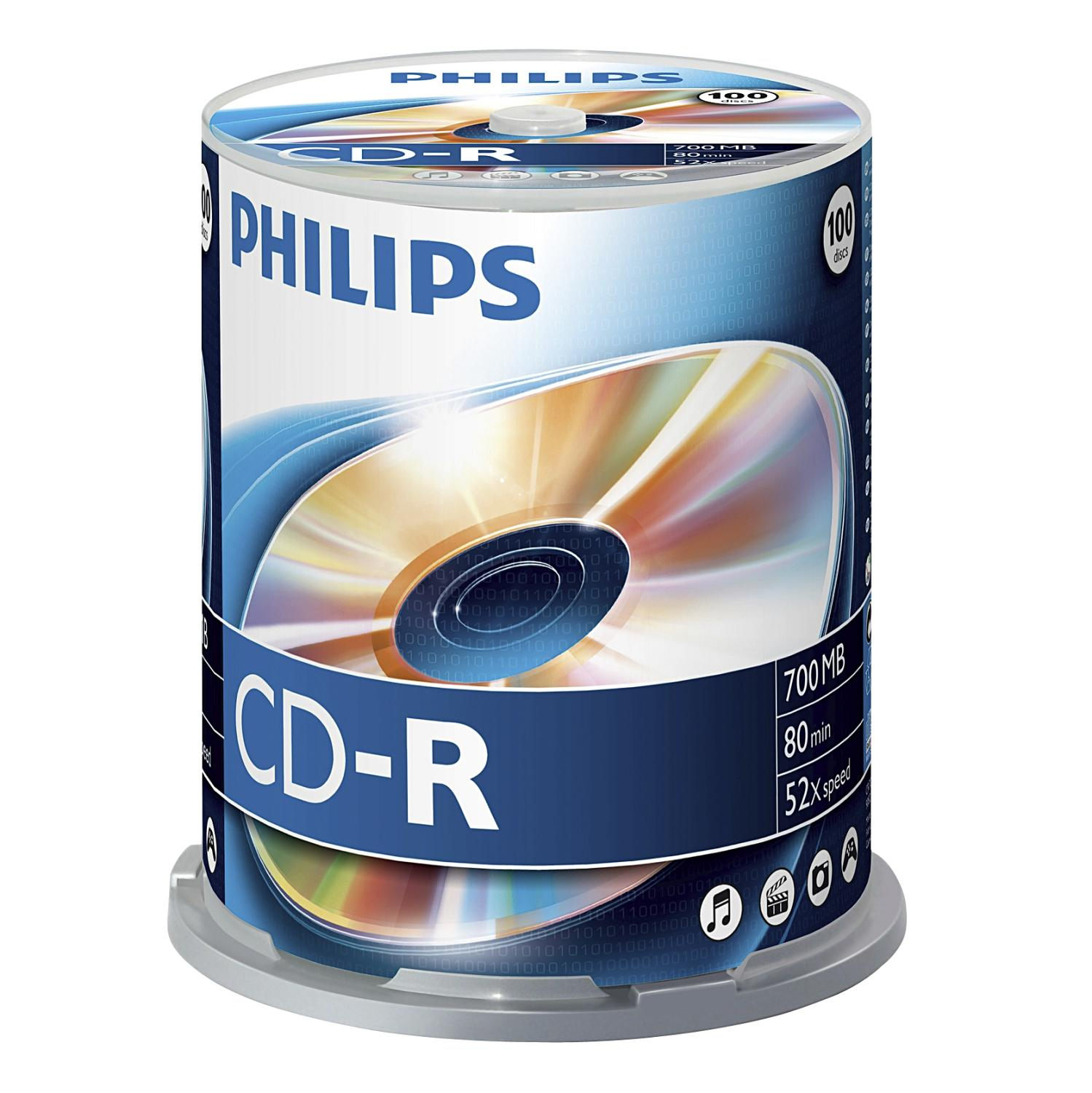 A cylindrical case containing a stack of CDs with a blue and white label.