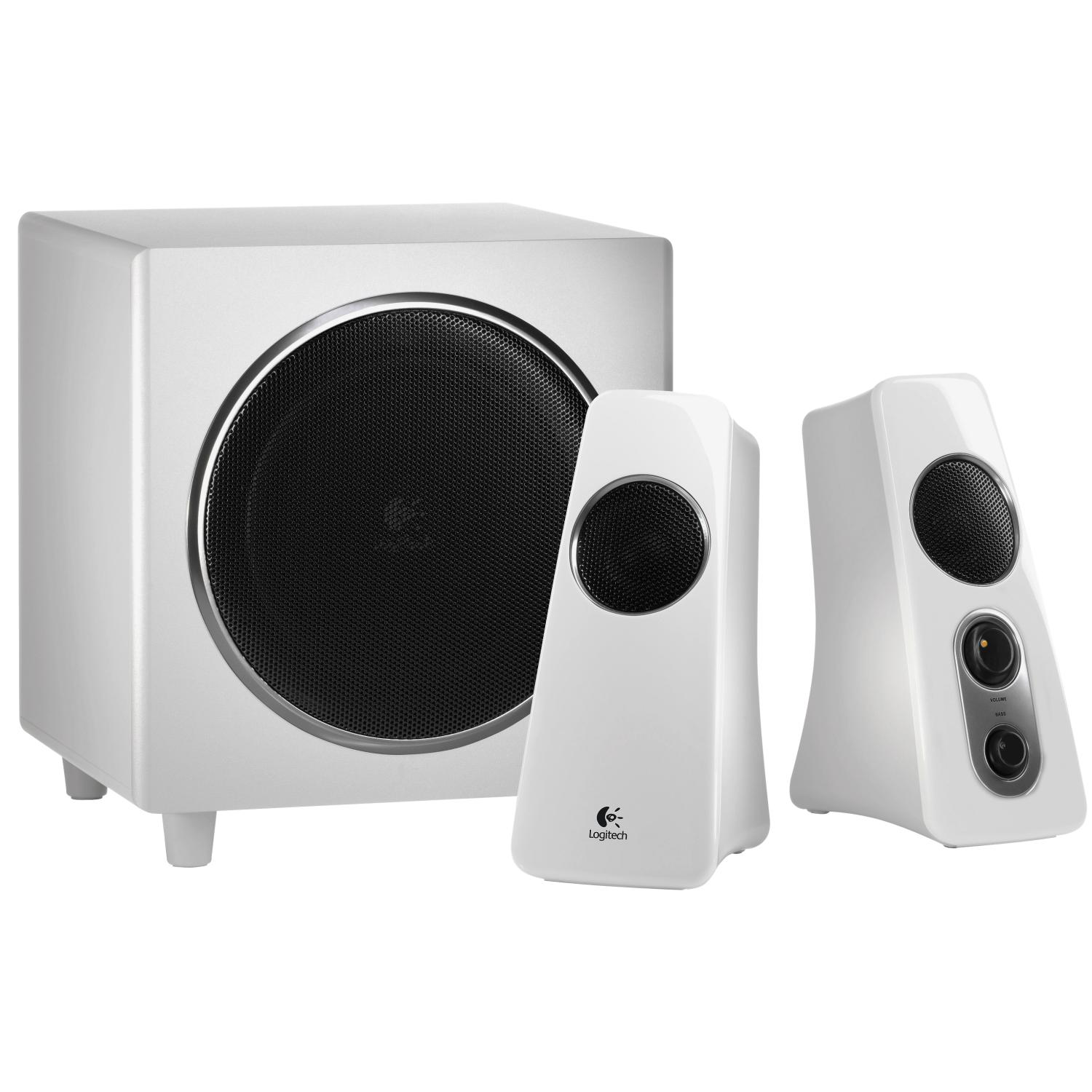 Conjunto de altavoces Logitech blancos. Subwoofer con malla negra, dos satélites con malla negra y logo.