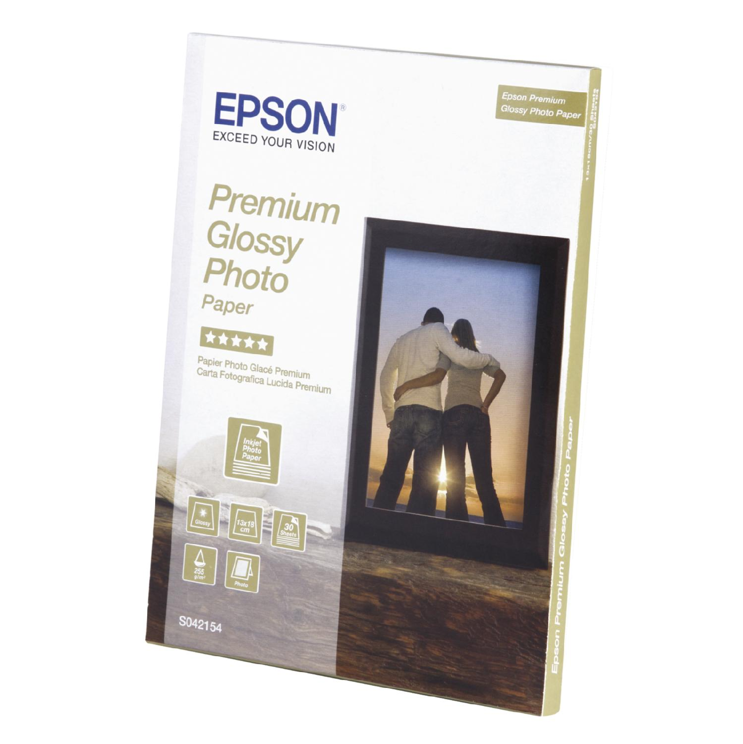 Epson glänzende Fotopapier-Verpackung. Zeigt ein Paar, Produktdetails und ein Logo.