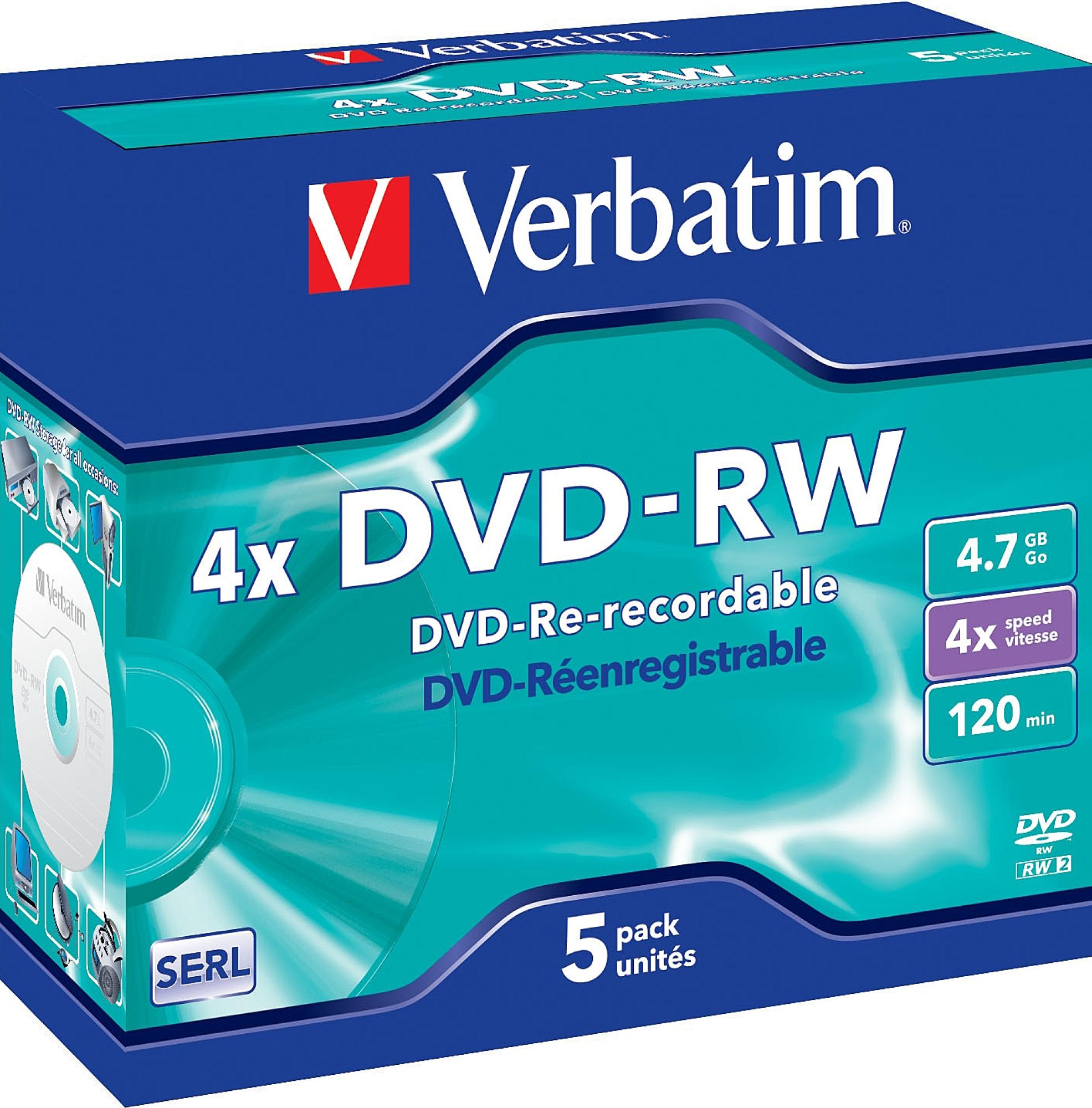 Schachtel mit DVD-RW-Discs, blau-weißes Verpackungsdesign, mit 'Verbatim' und Produktdetails. Eine CD im Vordergrund.