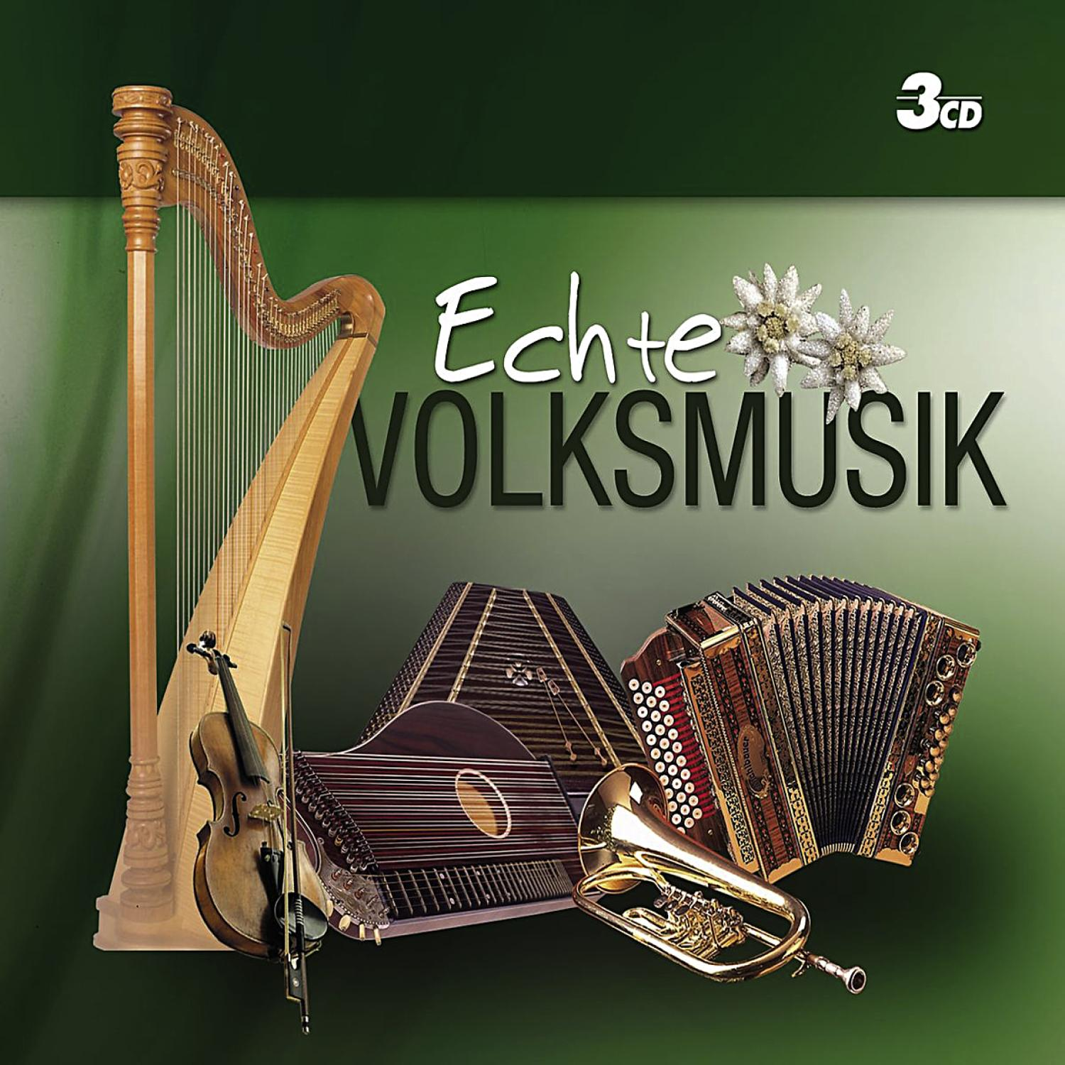 Albumcover. Verschiedene Instrumente, Blumen und Text sind auf grünem Hintergrund sichtbar.