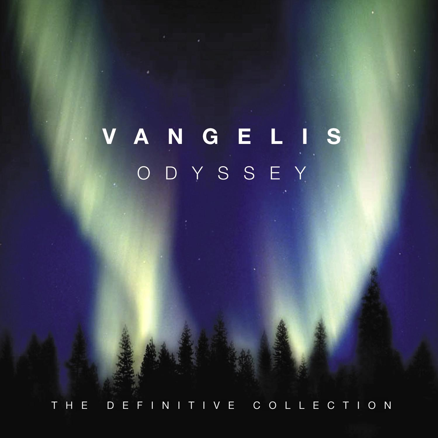 Vangelis-Albumcover: Nordlichter über Kiefern, der Albumtitel und der Künstler in Weiß.