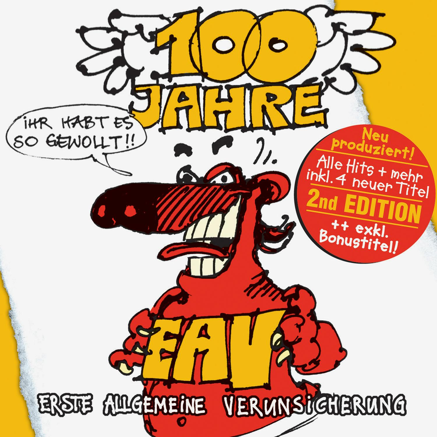 EAV Albumcover. Cartoonfigur mit rotem Körper, Text und 2nd Edition Banner.