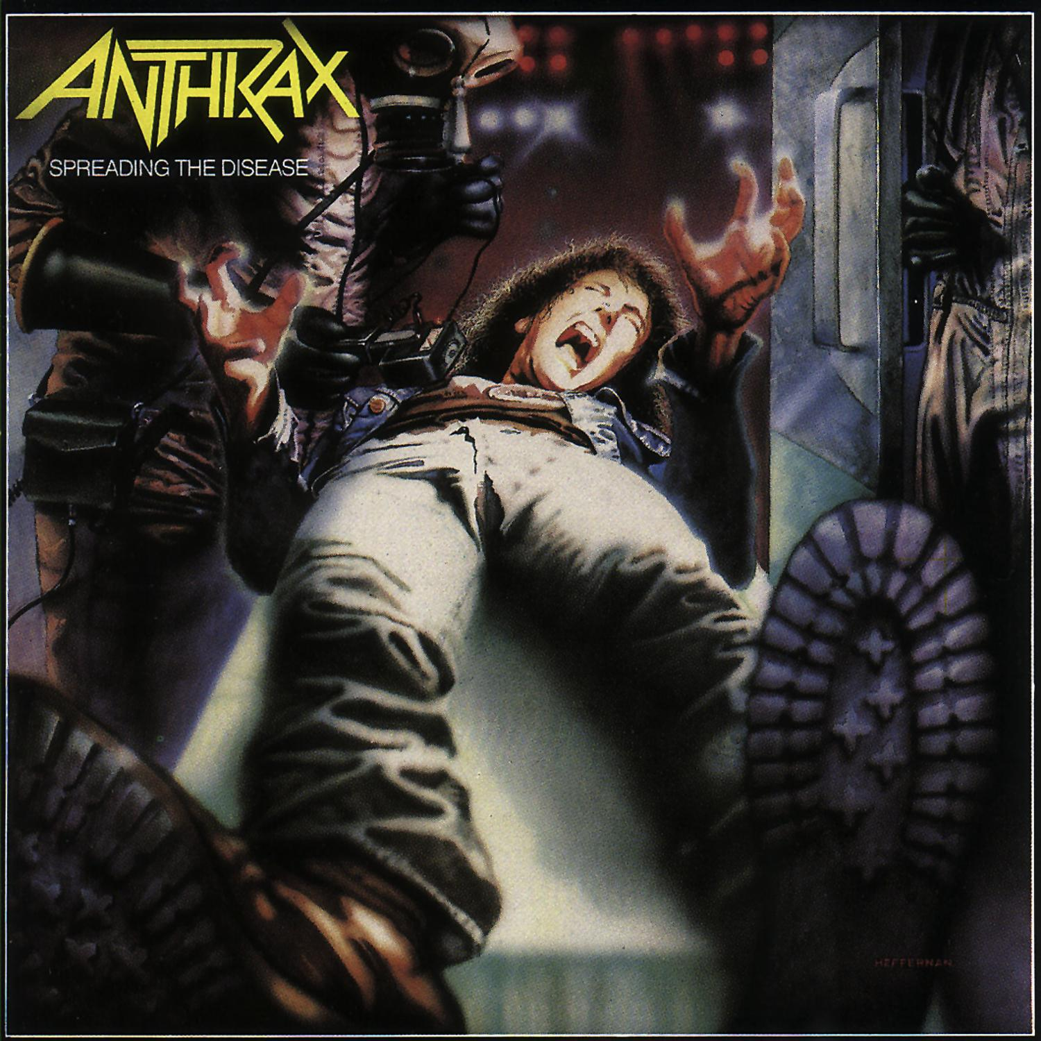 Albumcover für Anthrax - Spreading the Disease. Ein Mann streckt die Hände nach oben in Richtung eines Lichts.