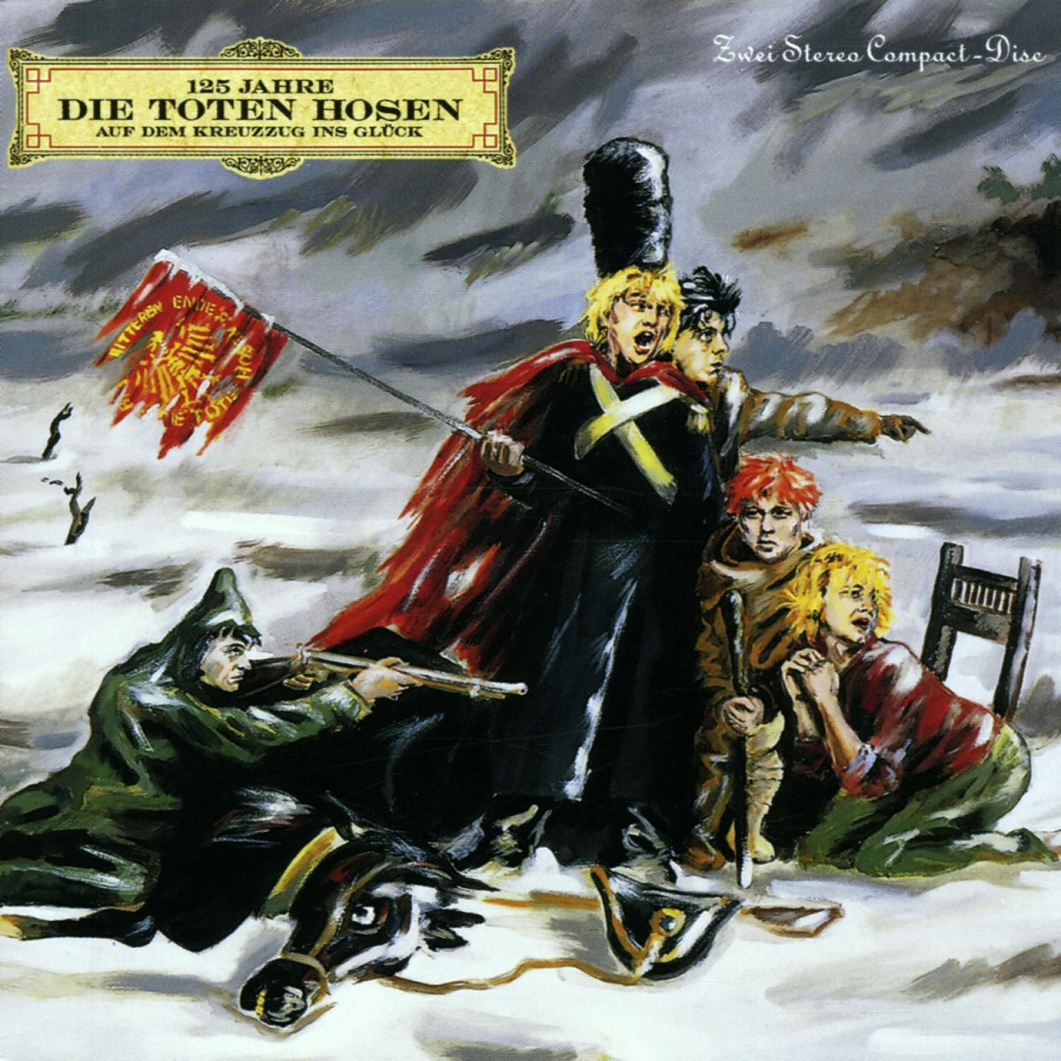 Albumcover zeigt eine Gruppe von Menschen in einer schneebedeckten Landschaft, mit einer Fahne und einem Soldaten mit Gewehr.