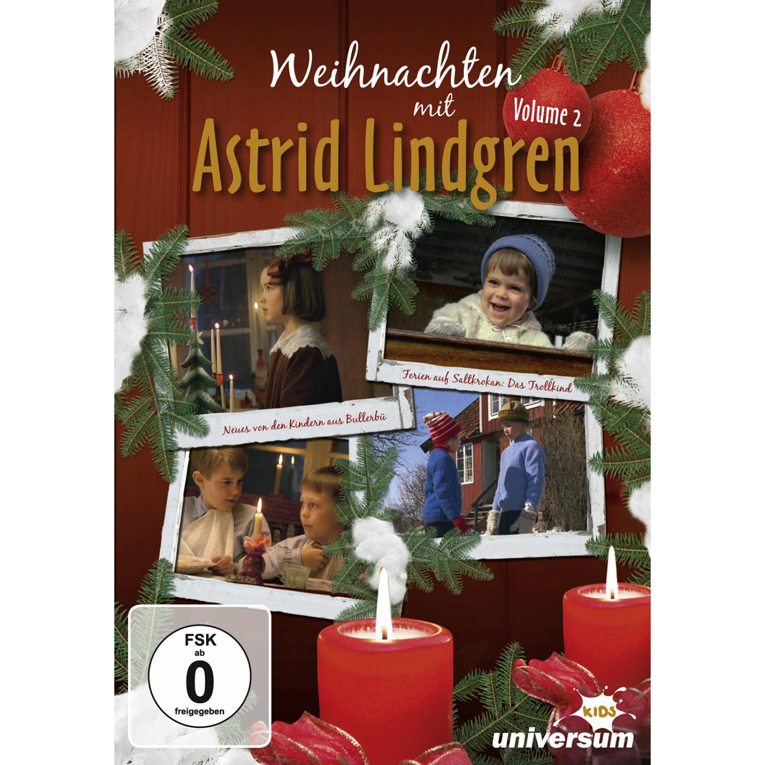 DVD-Cover. Fotos von Kindern, Text: Weihnachten mit Astrid Lindgren, Volume 2. Kerzen, Weihnachtsdekorationen.