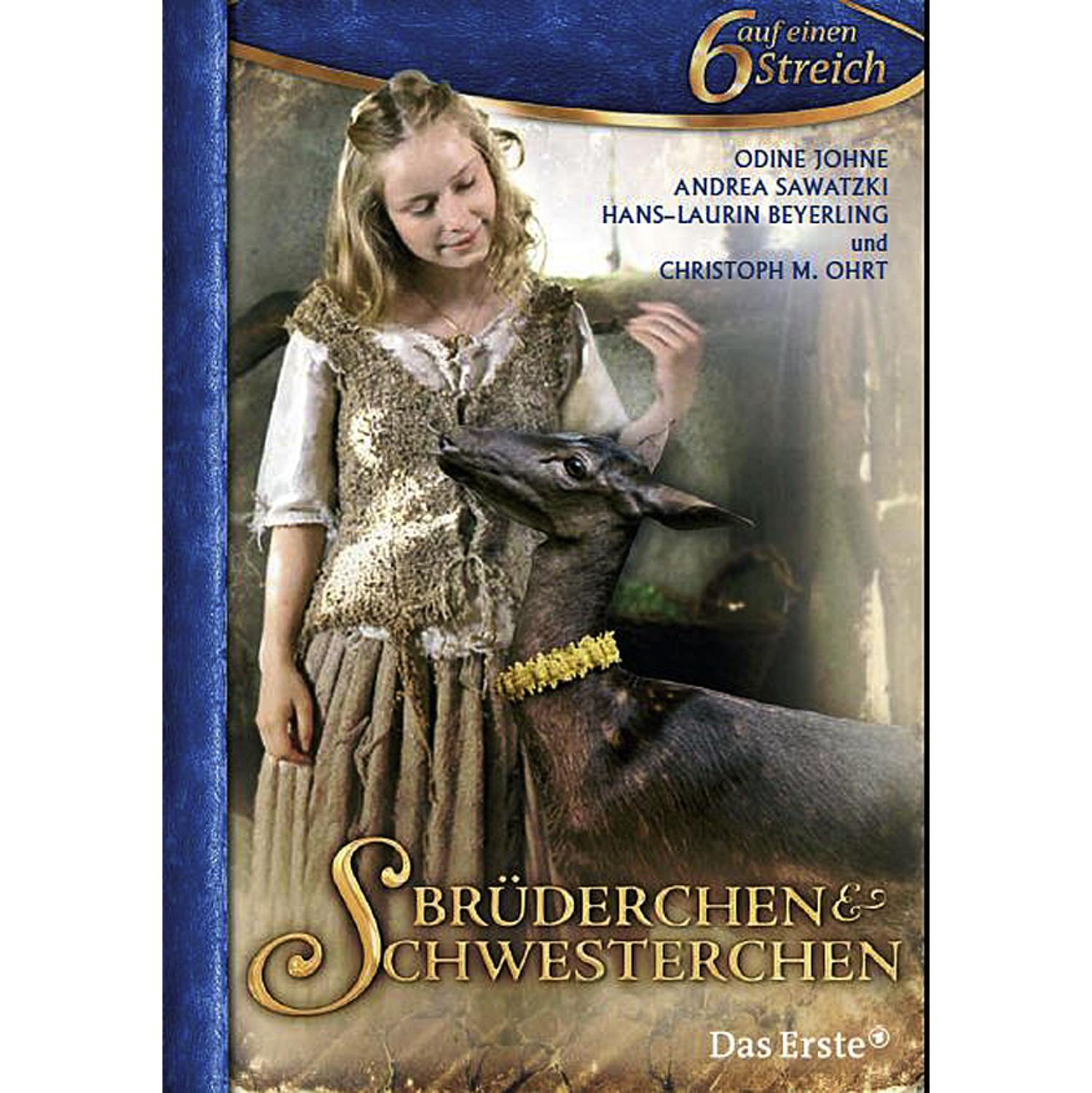 Buchcover mit einem Mädchen, das ein Reh berührt. Text auf Deutsch. Der Titel lautet „Brüderchen & Schwesterchen“.