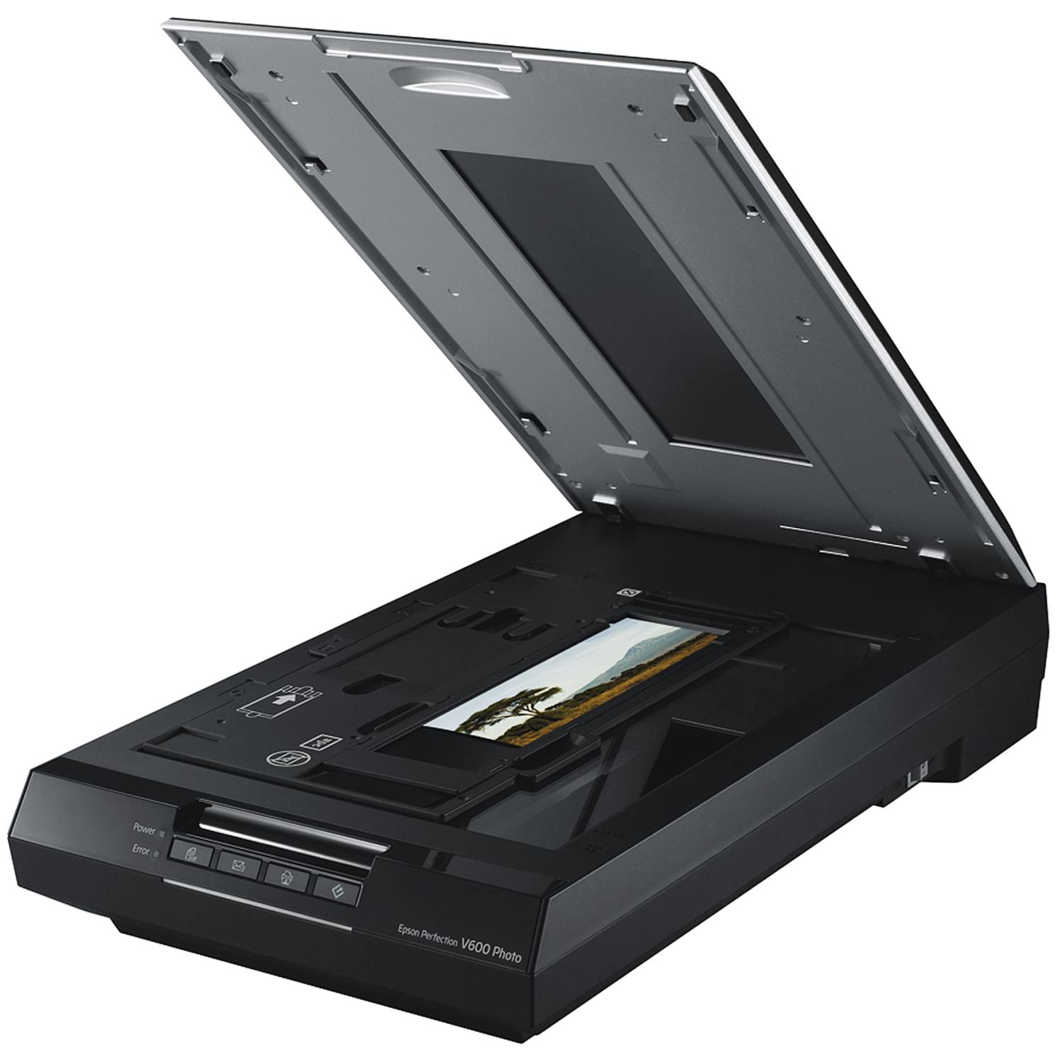 Epson V600 Fotoscanner, offen. Schwarz, mit Foto auf Glas. Deckel offen.