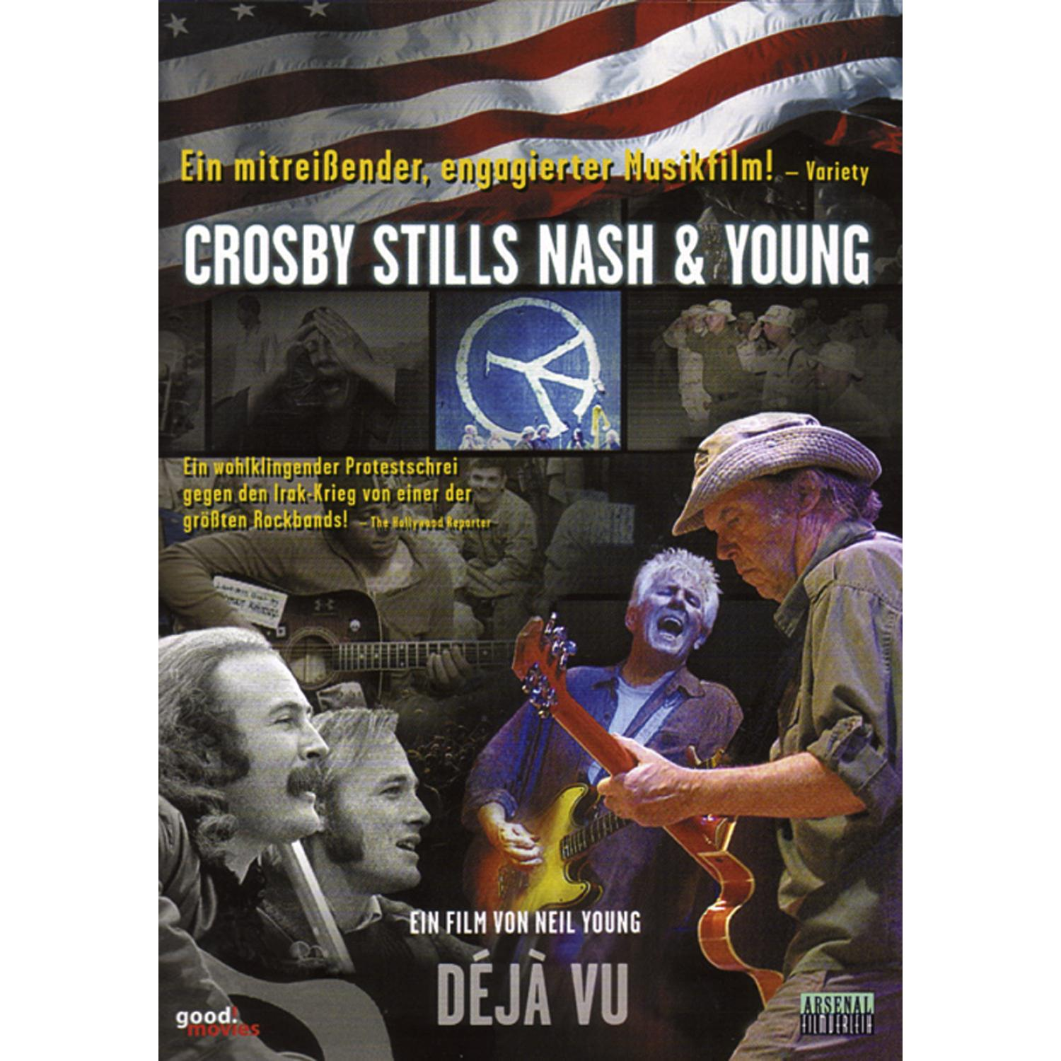 DVD-Cover mit Musikern, die auf der Bühne mit einer US-Flagge auftreten. Text: Crosby, Stills, Nash & Young.