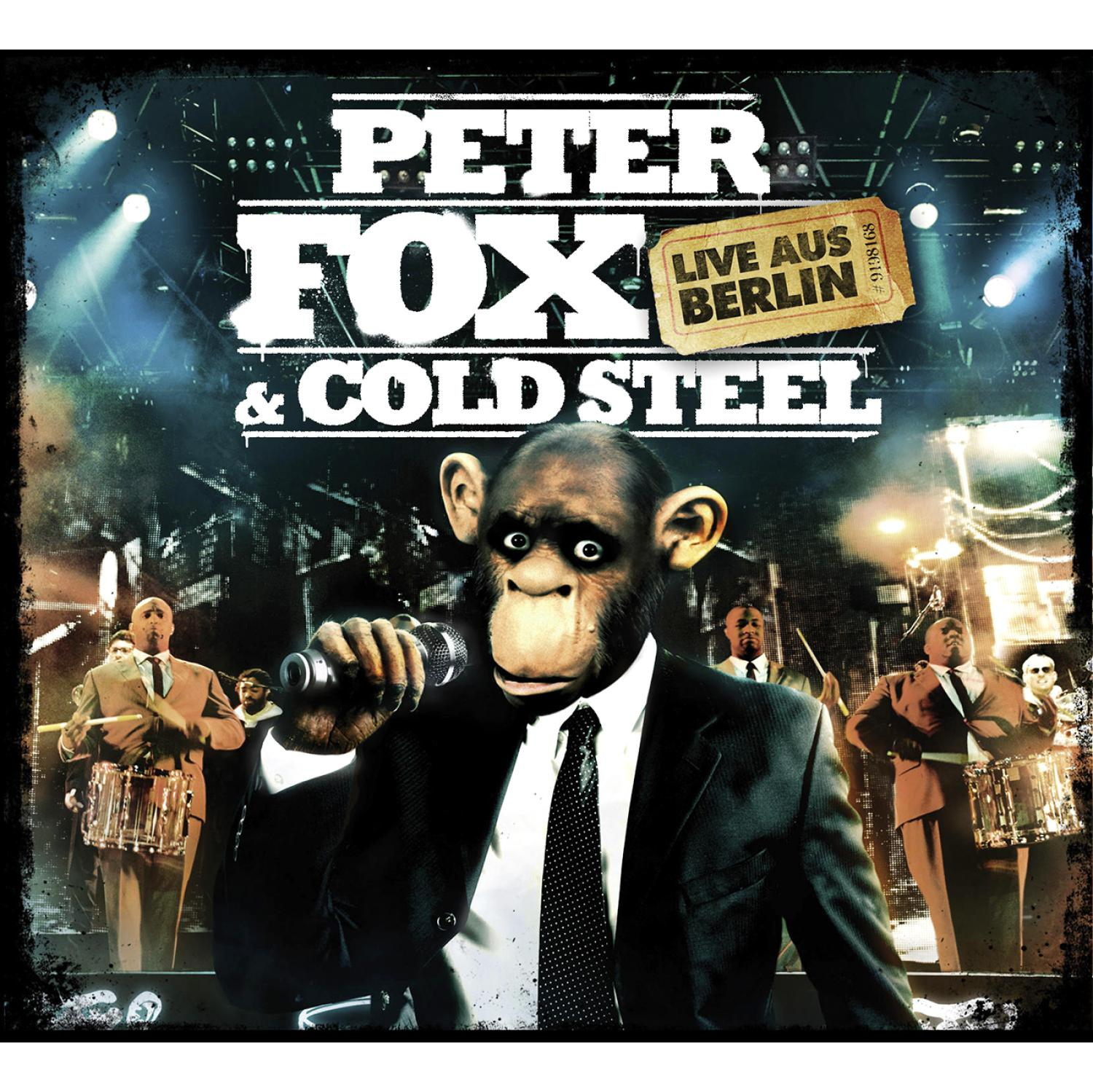 Ein Affe mit Mikrofon und Band im Hintergrund, Albumcover.