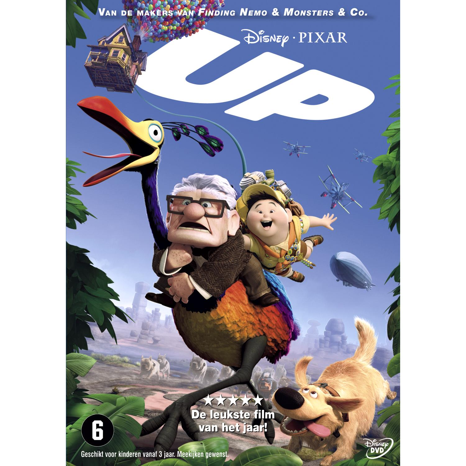 Up dvd-hoes. Animatiefilmscène met huis, vogel, oude man, jongen, hond in een jungle.