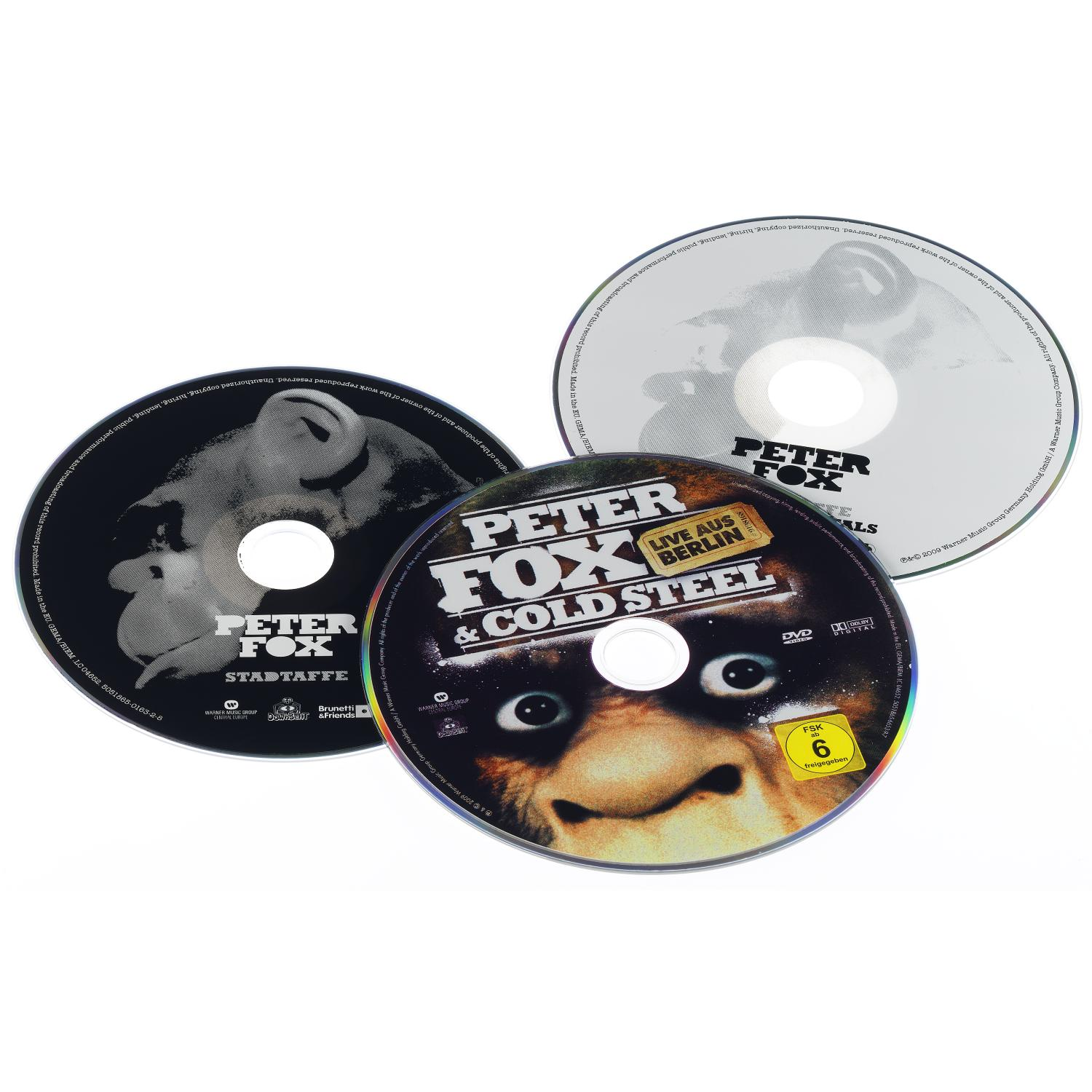 Drei CDs von Peter Fox mit Titeln wie Stadtaffe und Live aus Berlin.