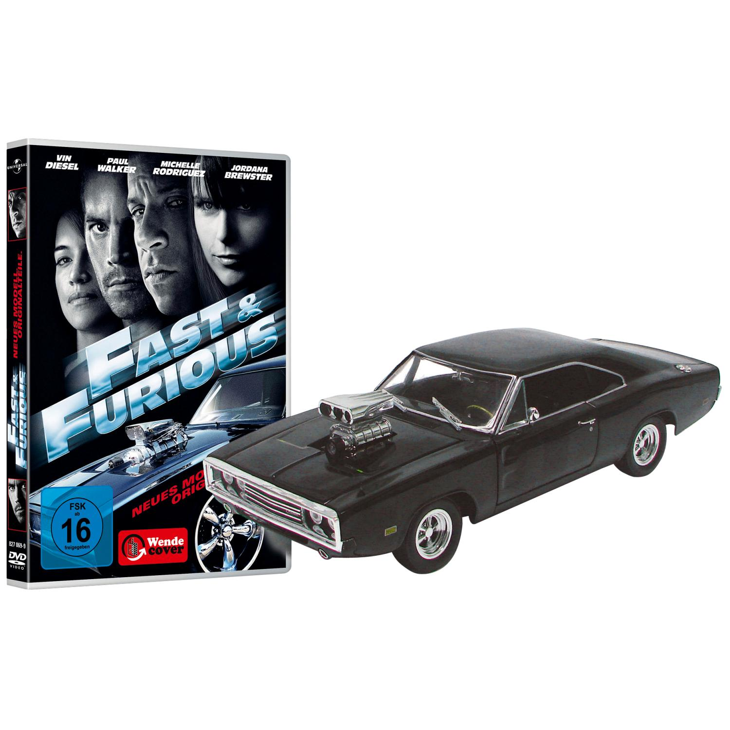 Eine Fast & Furious DVD-Box mit einem Modellauto daneben.
