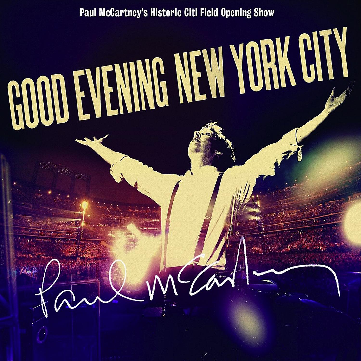 Poster für Paul McCartneys Konzert 'Good Evening New York City', mit seiner Unterschrift und Publikum.