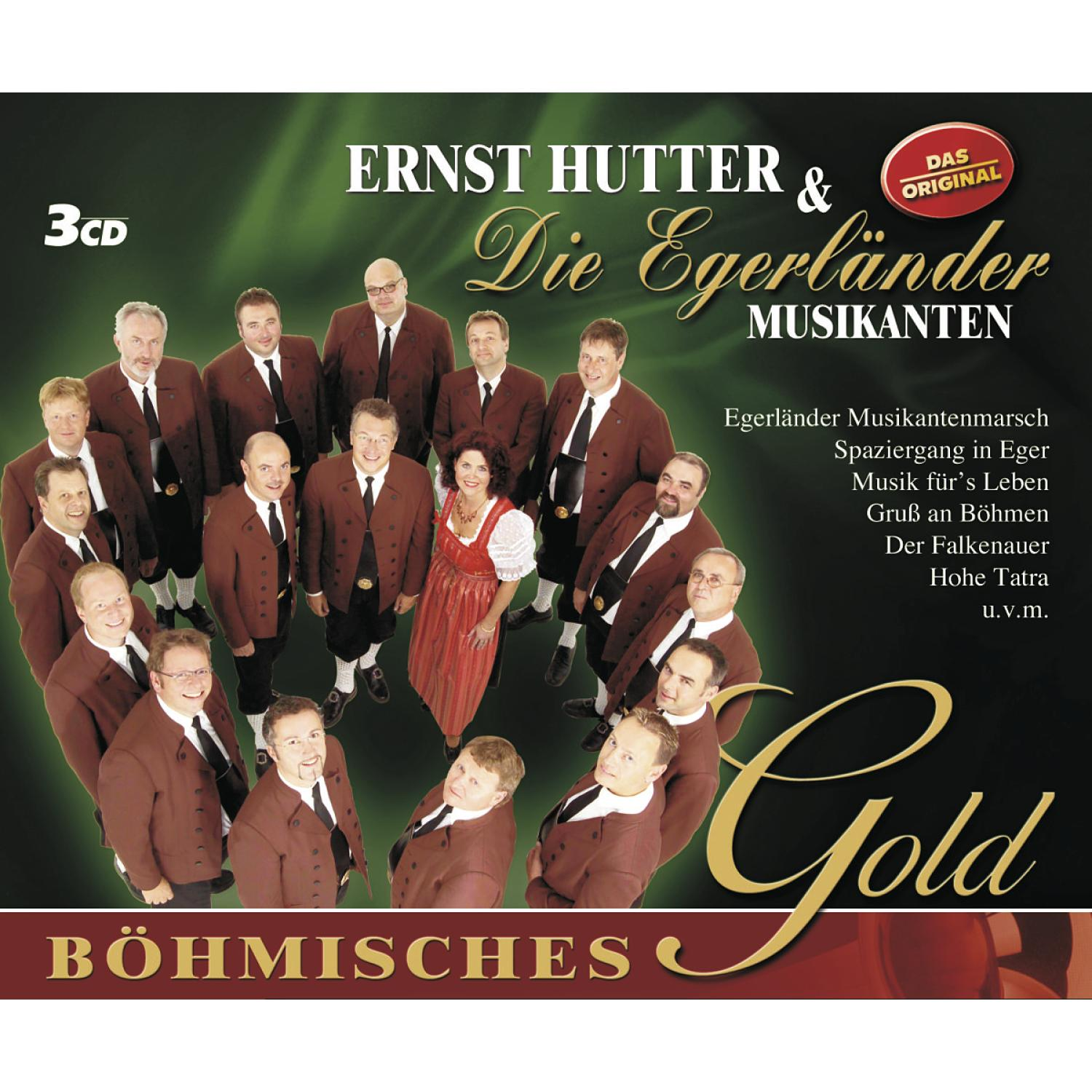 Albumcover. Männergruppe in Tracht, mit Frau. Text: Ernst Hutter & Die Egerländer Musikanten.
