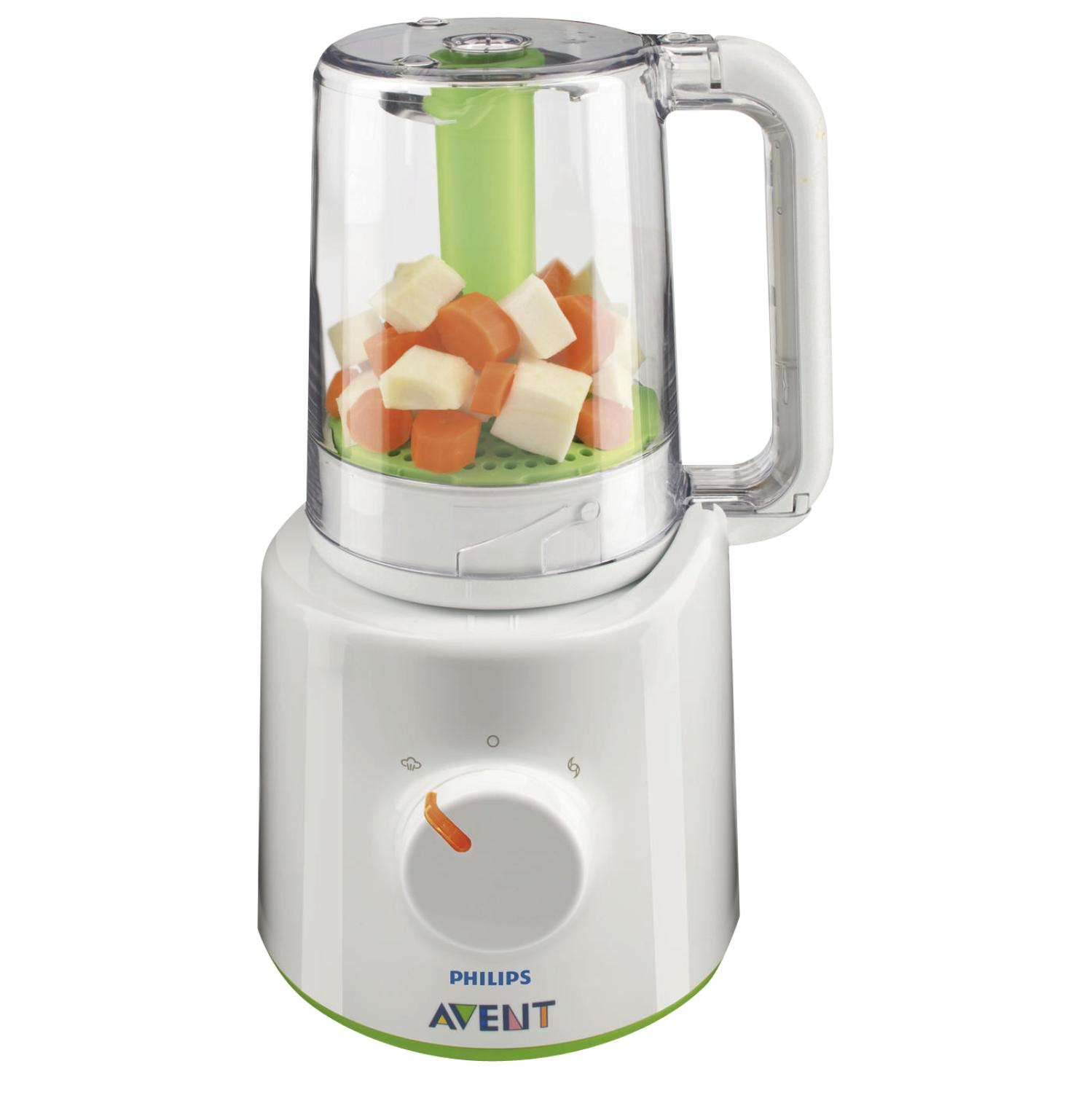 Philips Avent babyvoedingmaker. Witte basis, transparante kom met eten en groene onderdelen.