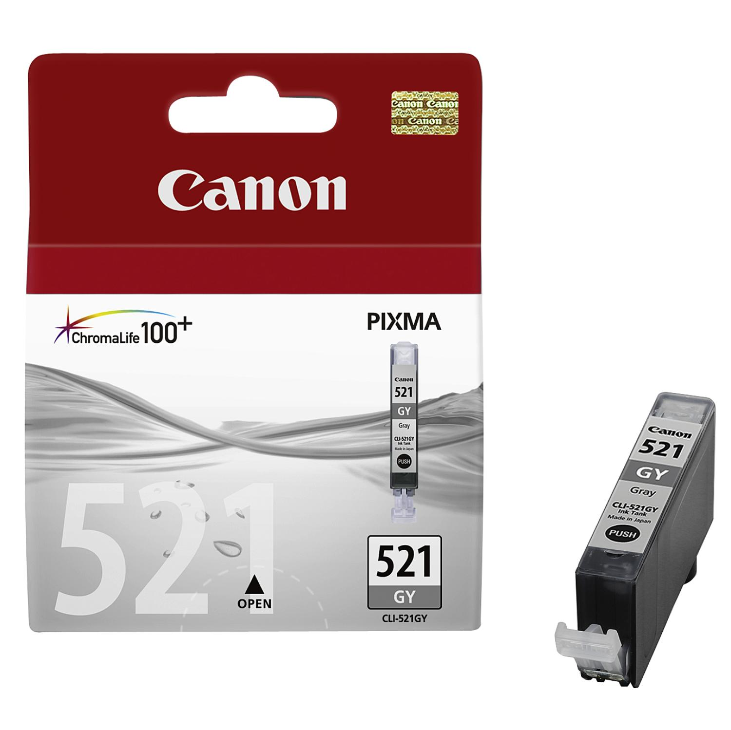 Canon Druckerpatronen in einer rot-weißen Box. Die Patronen sind grau.