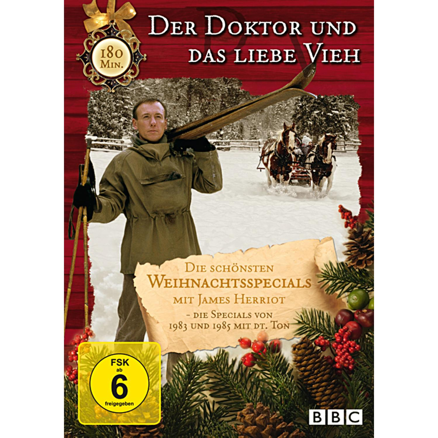 DVD-Cover für "Der Doktor und das liebe Vieh". Ein Mann im Schnee mit Skiern und einem Pferdeschlitten.