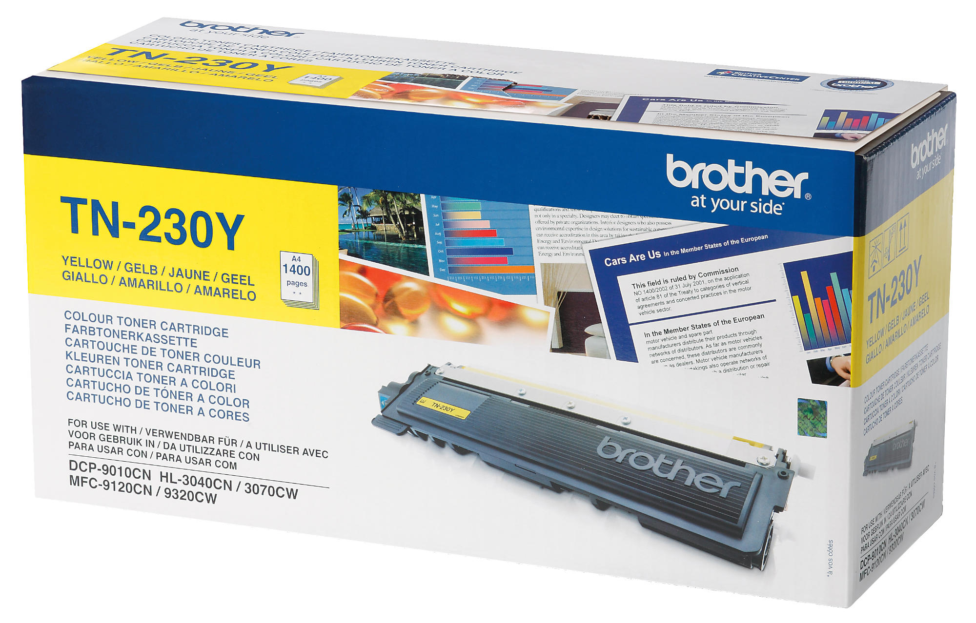 Brother TN-230Y gelbe Tonerkartuschenbox, mit Text, Bildern und einer Kartusche.