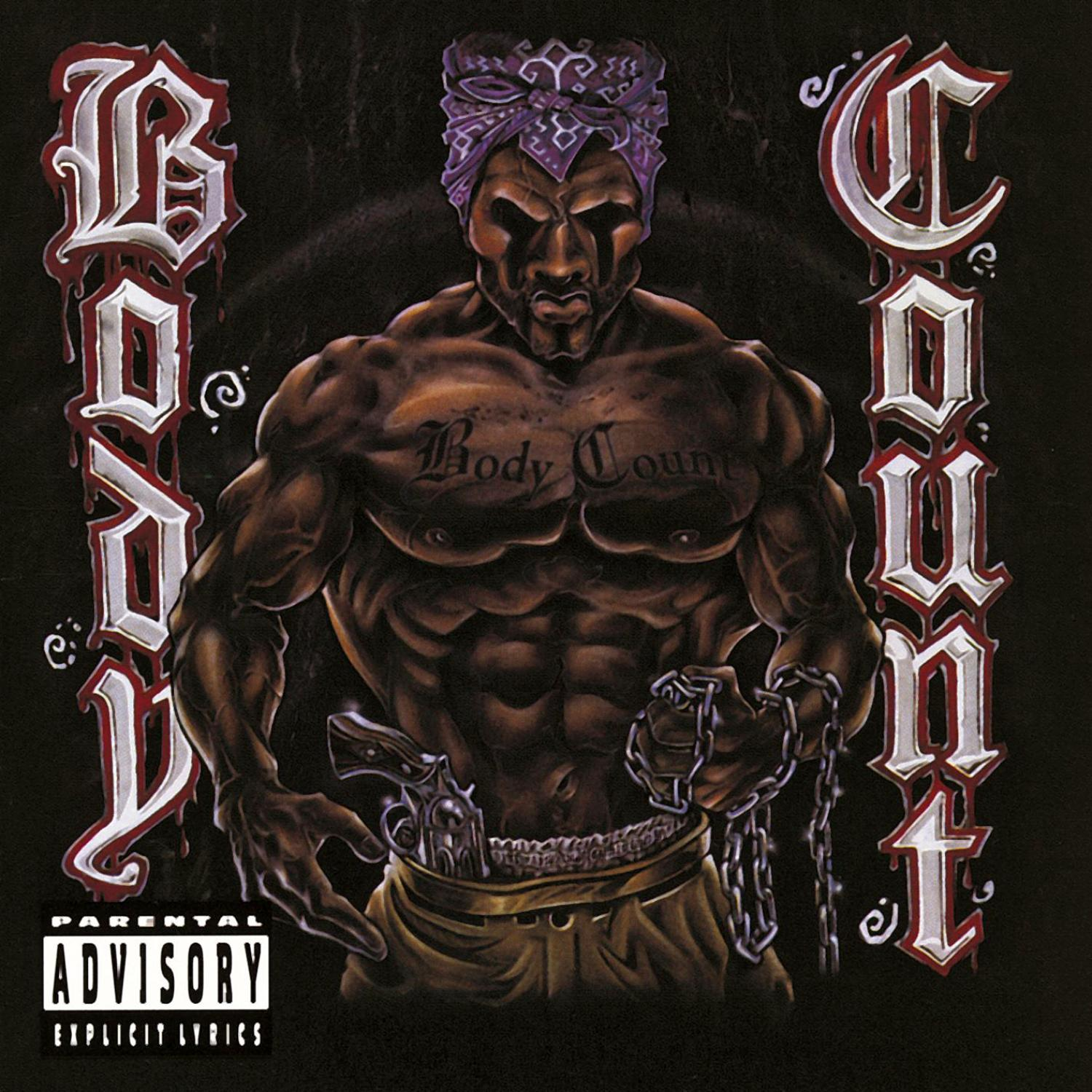 Albumcover von Body Count, ein muskulöser schwarzer Mann mit Waffe und Ketten.