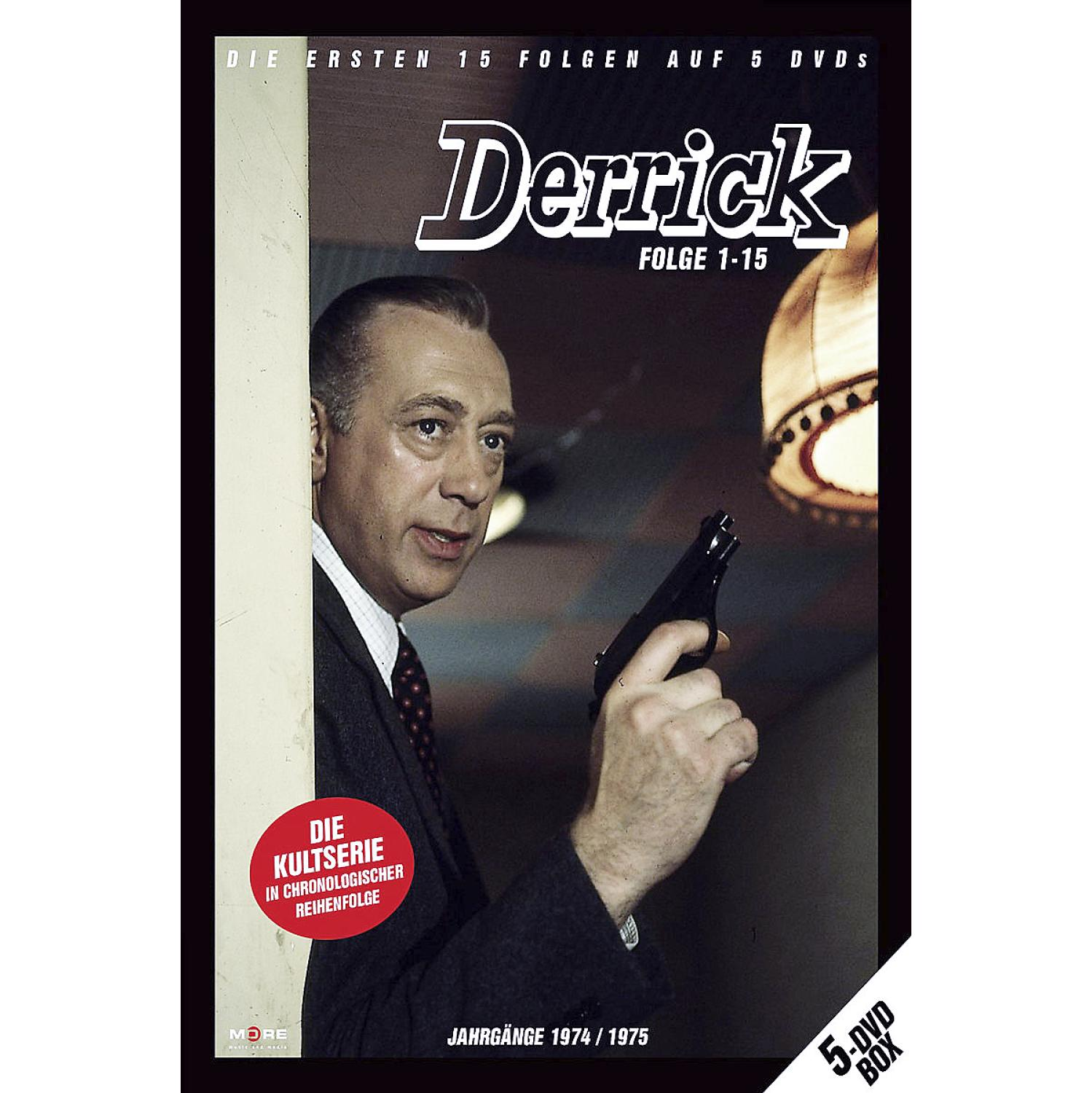 Derrick DVD-Box. Mann hält eine Pistole. Text: Die ersten 15 Folgen auf 5 DVDs.