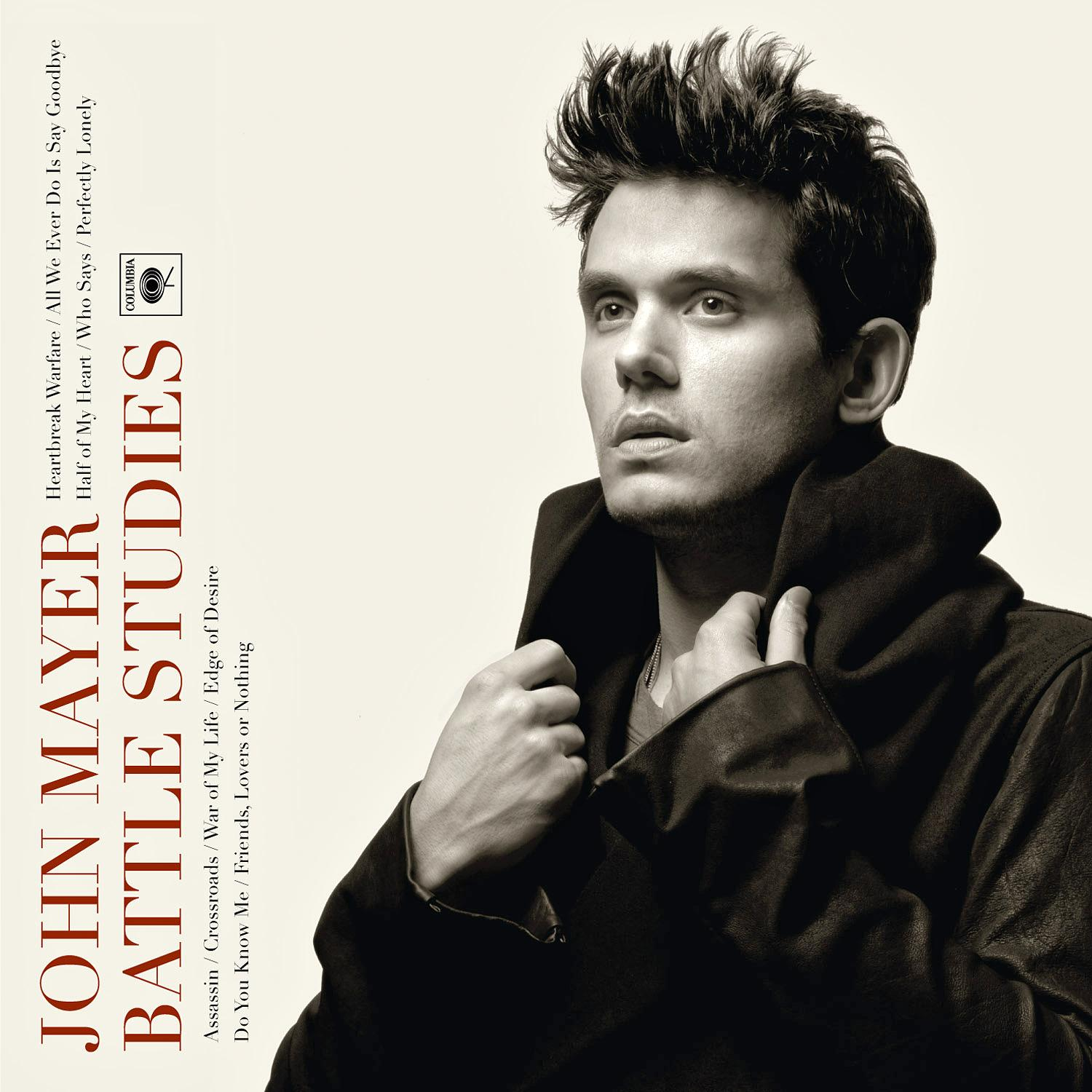 Albumcover: John Mayer in einem Mantel. Text daneben, mit "Battle Studies" und Songtiteln.