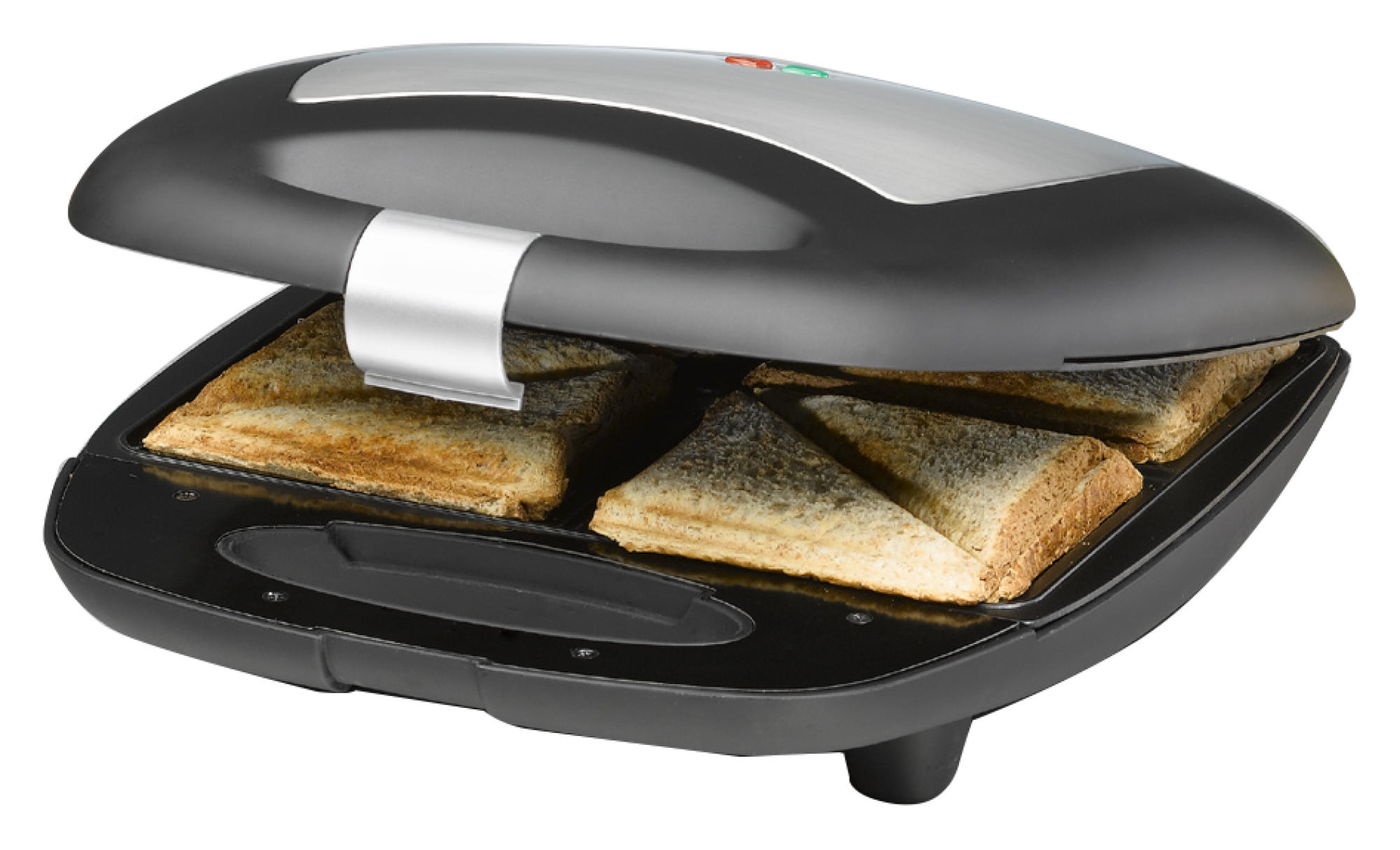 Schwarzer Sandwichmaker offen, mit vier getoasteten Sandwiches, freigestellt.