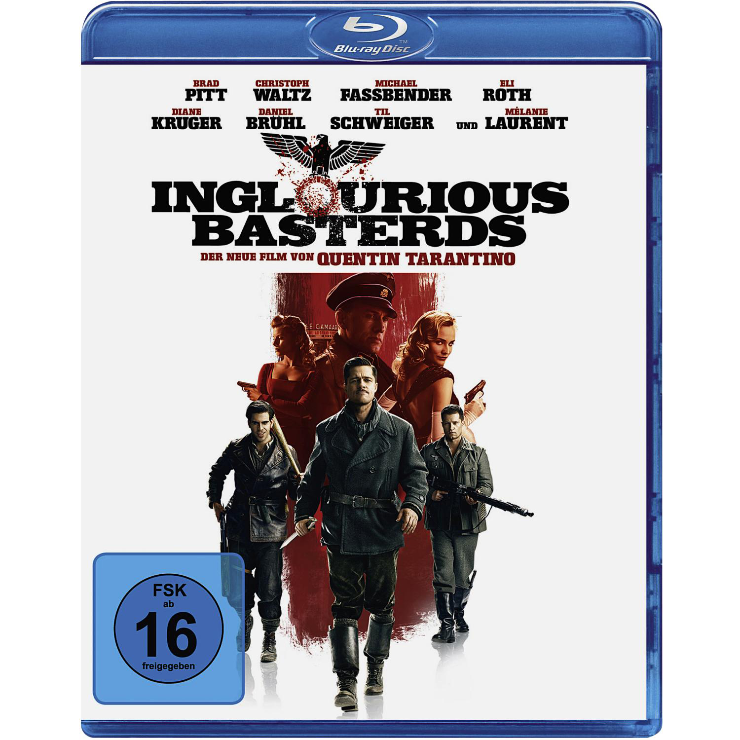 Filmcover von Inglourious Basterds. Brad Pitt und andere sind vor einem Hintergrund aus der Nazi-Ära abgebildet.
