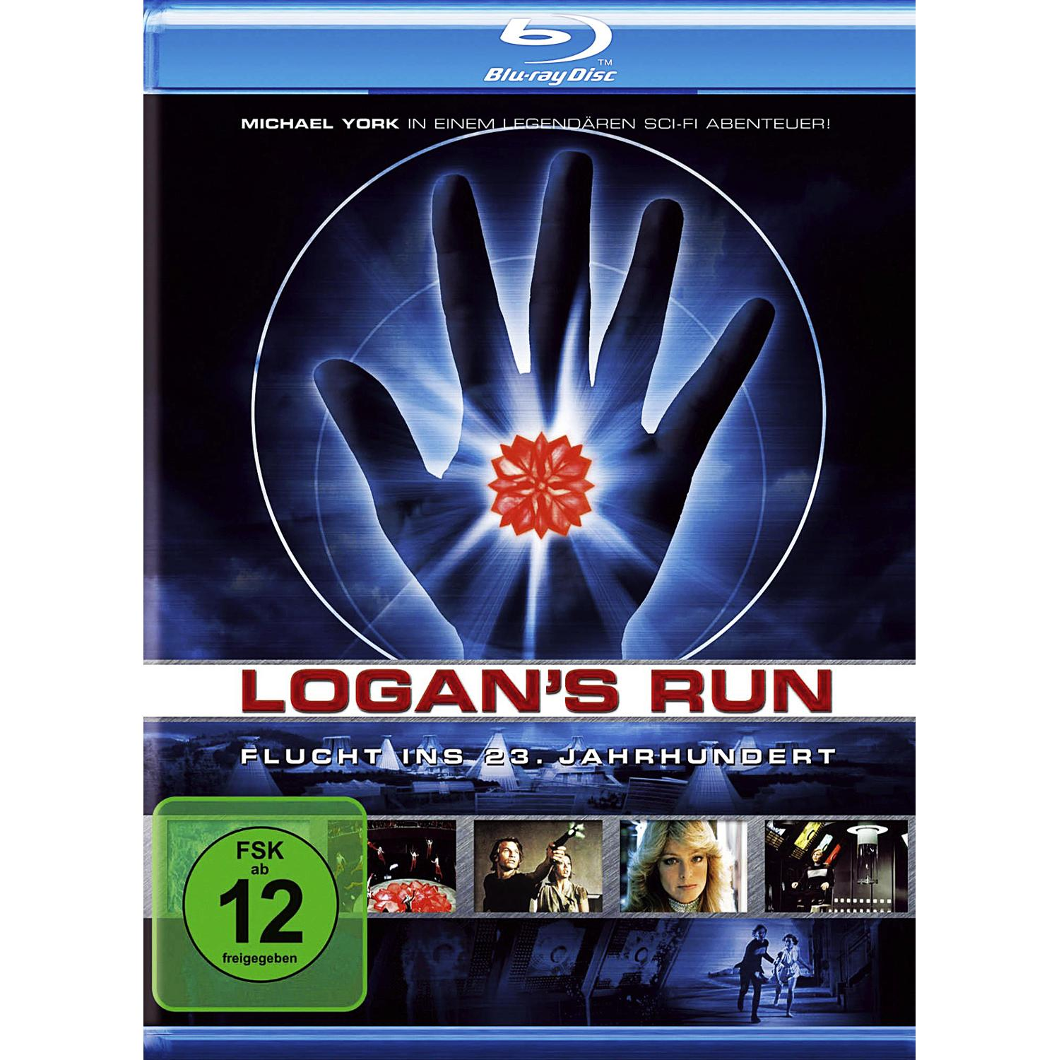 Blu-ray-Cover für 'Flucht ins 23. Jahrhundert', mit Hand und rotem Symbol und Schauspielern.