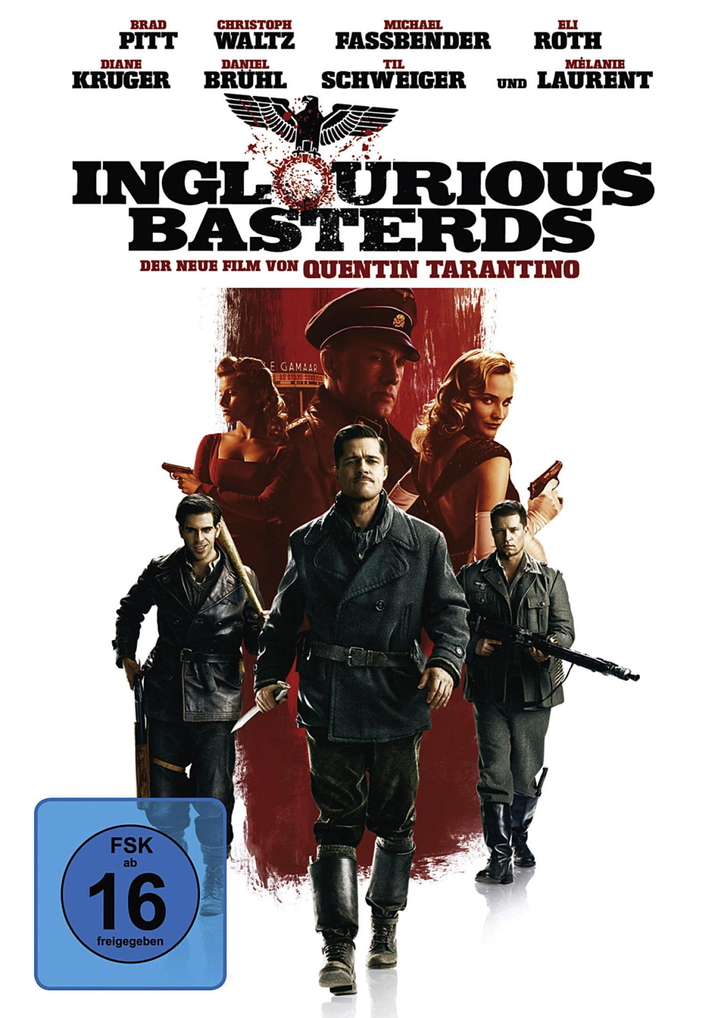 Inglourious Basterds DVD-Cover. Ensemble-Besetzung vor rotem Hintergrund. Nazi-Adler oben.