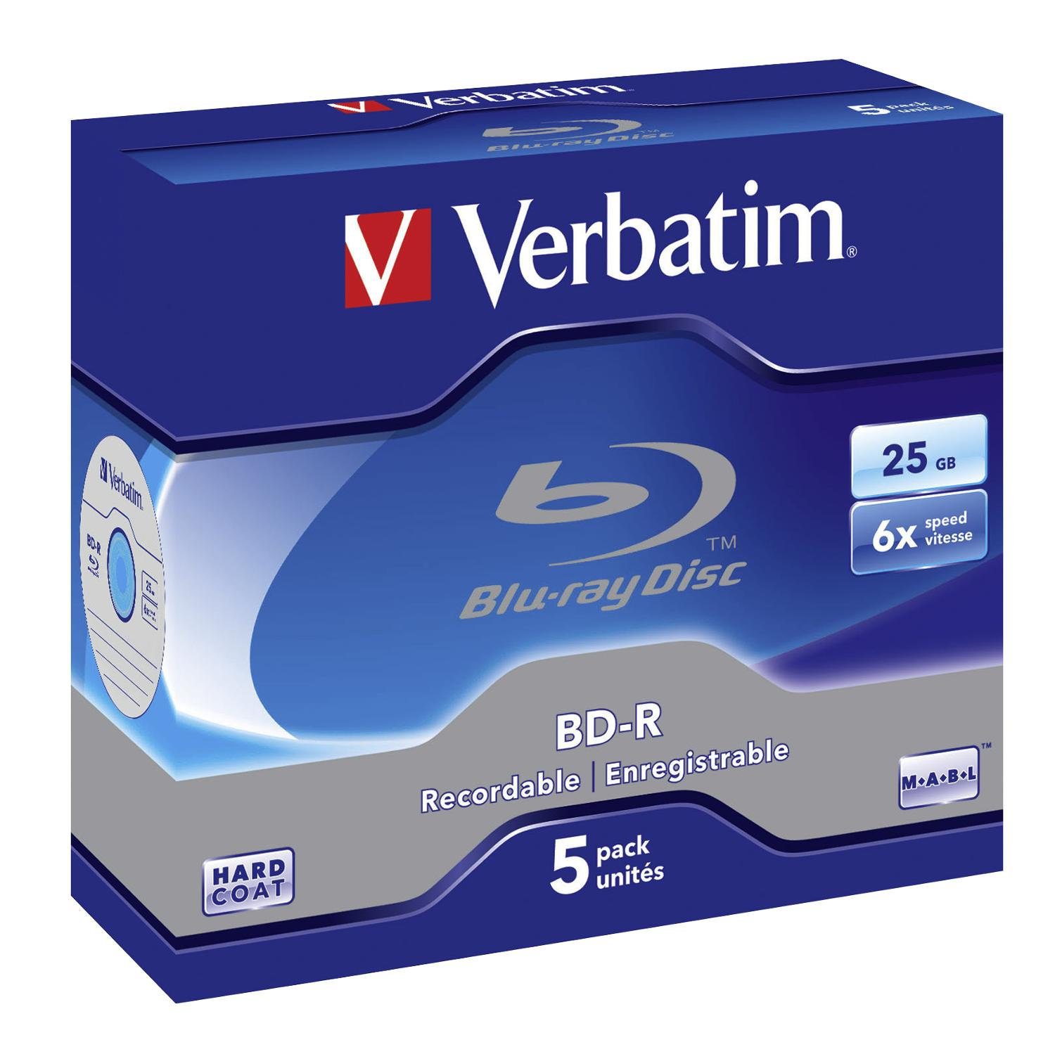 Eine blaue Schachtel mit Verbatim Blu-ray Discs mit Produktdetails.