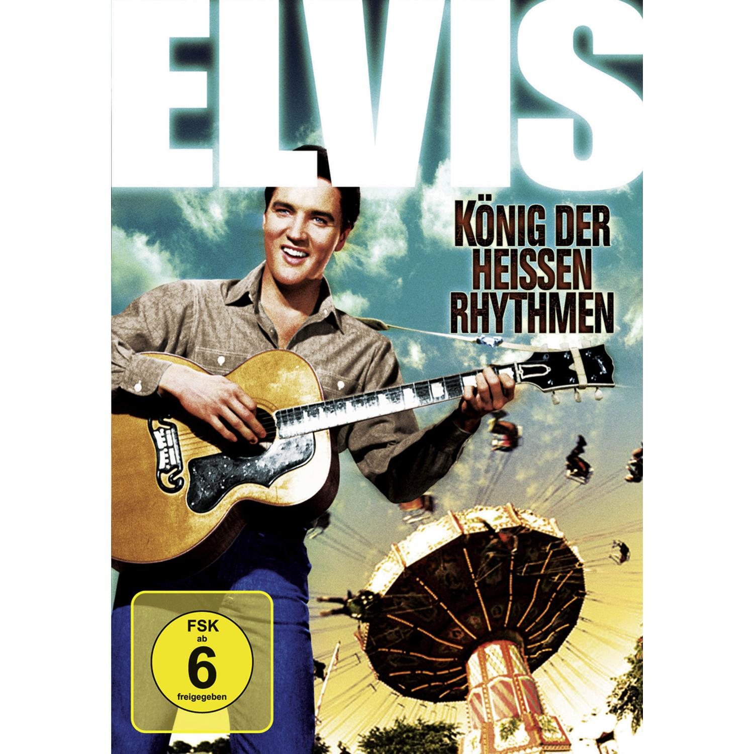 DVD-Cover für Elvis, mit Elvis Presley, der Gitarre spielt, und einem Jahrmarkt im Hintergrund.