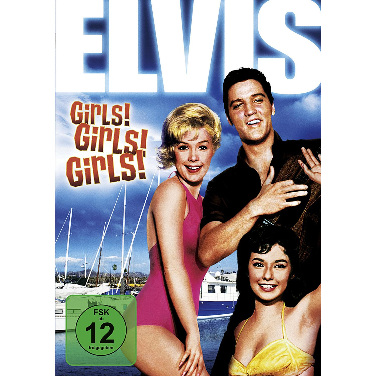 Filmplakat: Elvis Presley in 'Girls! Girls! Girls!'. Drei Personen, Boot und Meer.