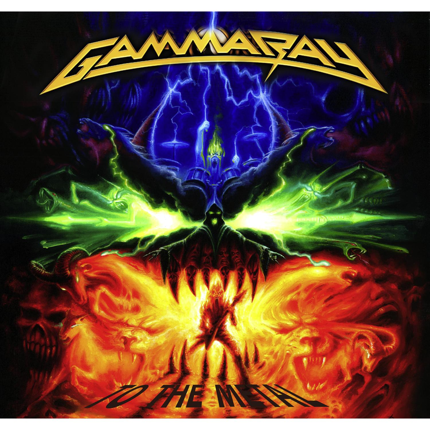 Albumcover; eine Illustration, die eine feurige Höllenlandschaft und ein Metal-Band-Logo zeigt.