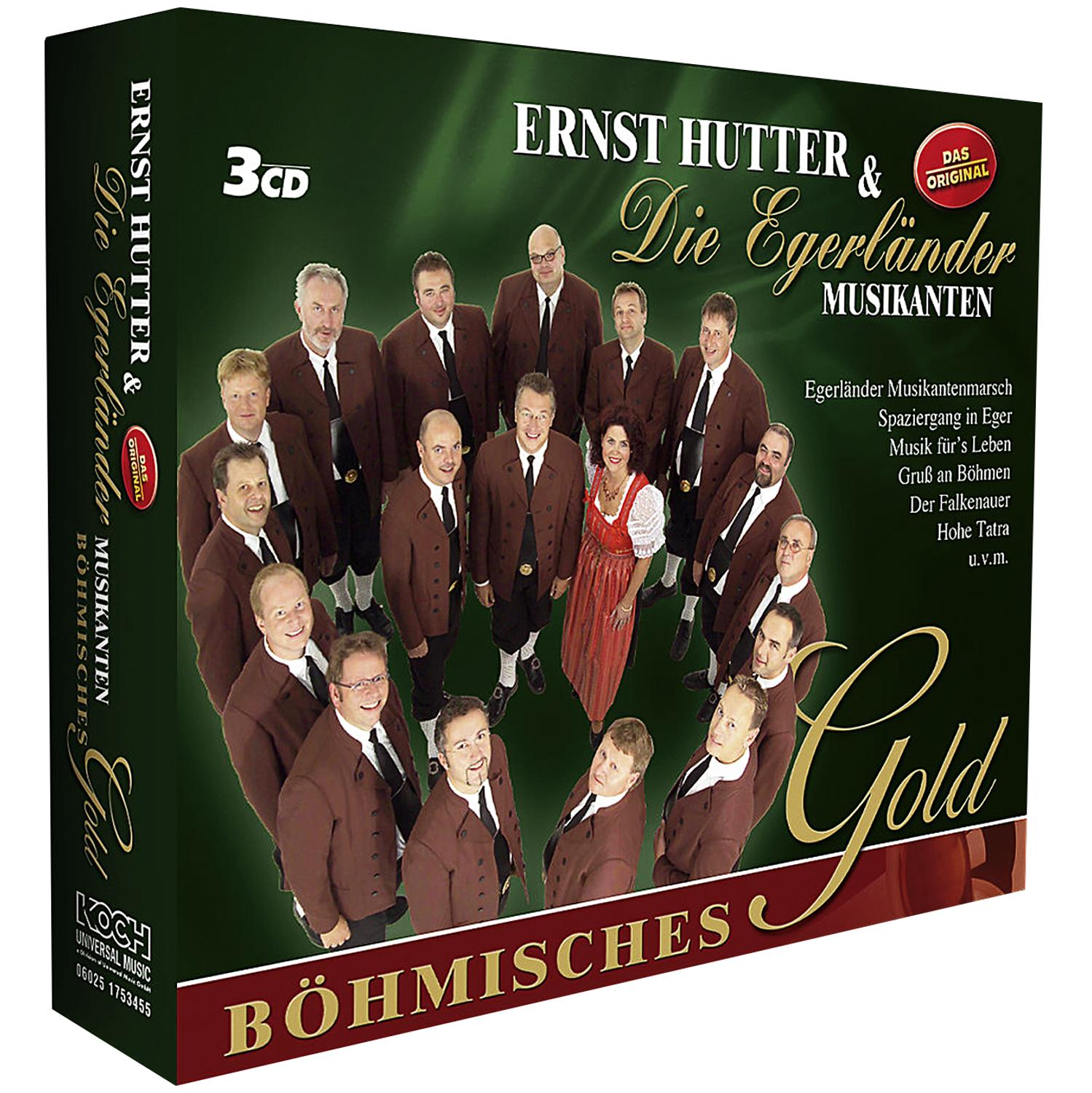 CD-Box-Set. Gruppenfoto von Musikern in braunen Jacken und Krawatten. Text sagt 'Ernst Hutter & Die Egerländer Musikanten'.