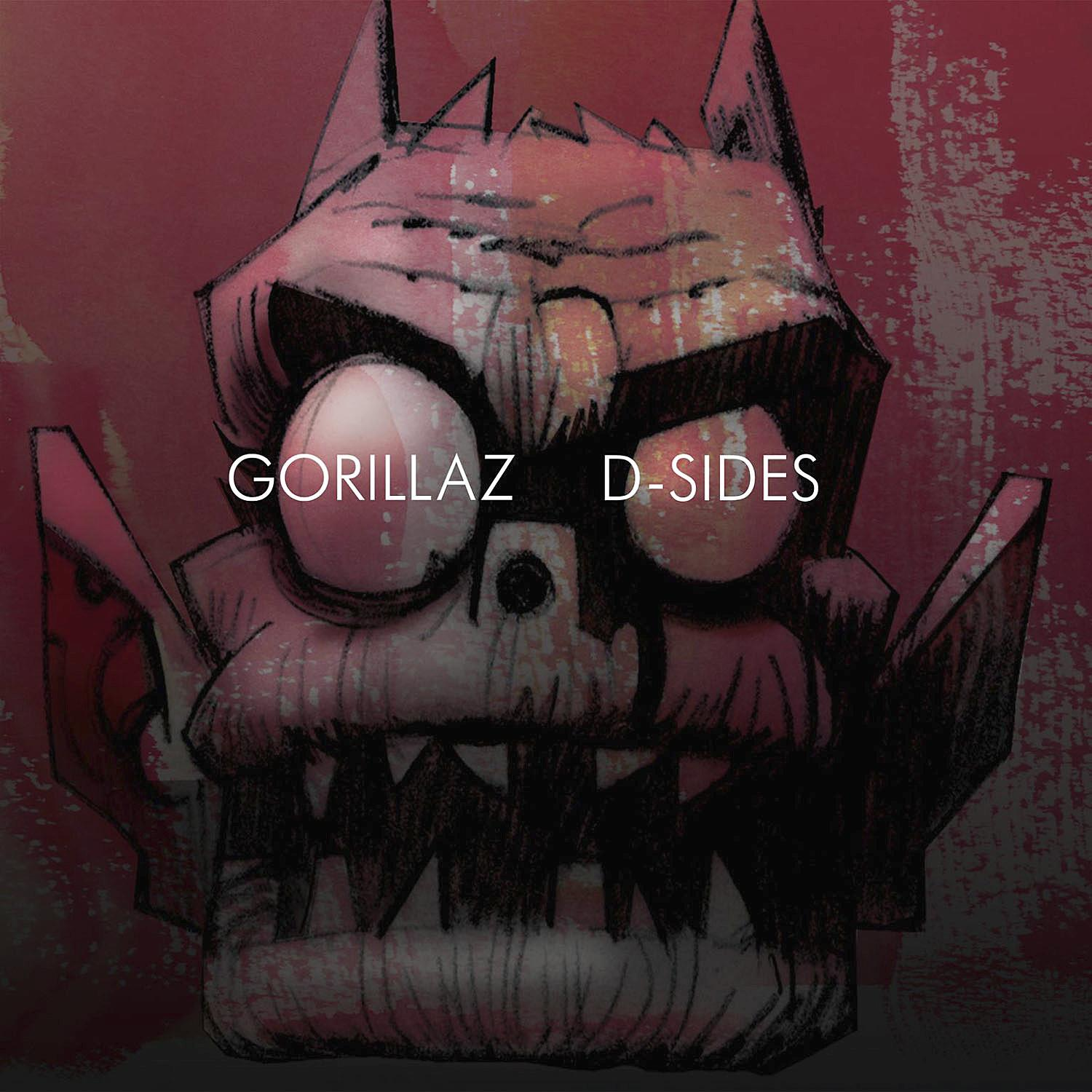 Albumcover von Gorillaz: Cartoon-Gesicht, dunkelroter Hintergrund, weißer Text 'D-Sides'.