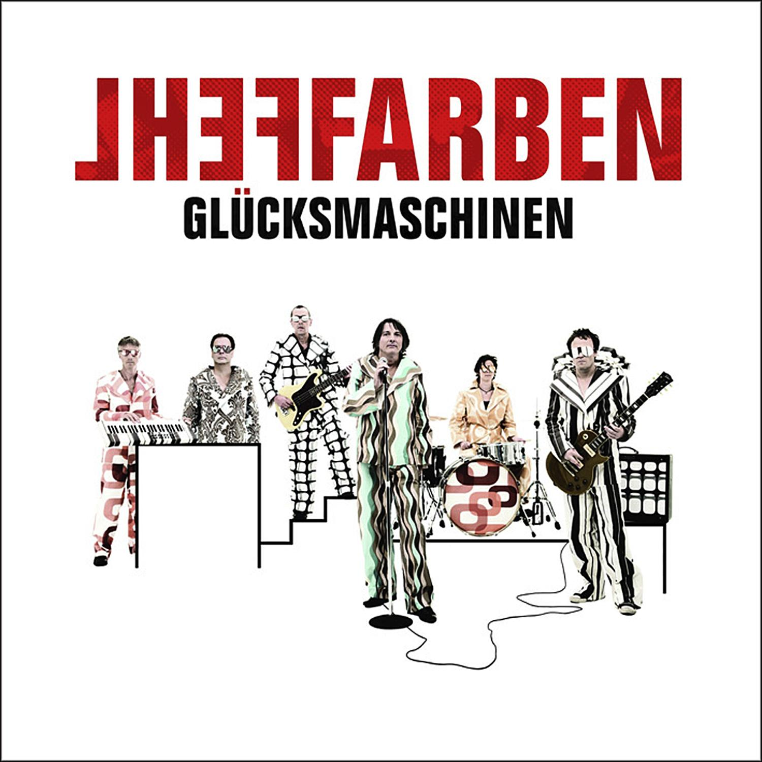 Albumcover mit einer Band auf der Bühne, mit dem roten Titel 'Glücksmaschinen'.
