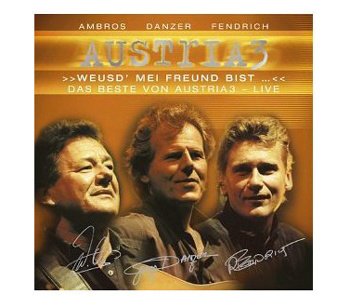 Albumcover: Austria 3. Drei Männer mit Autogrammen, Text in Gold.