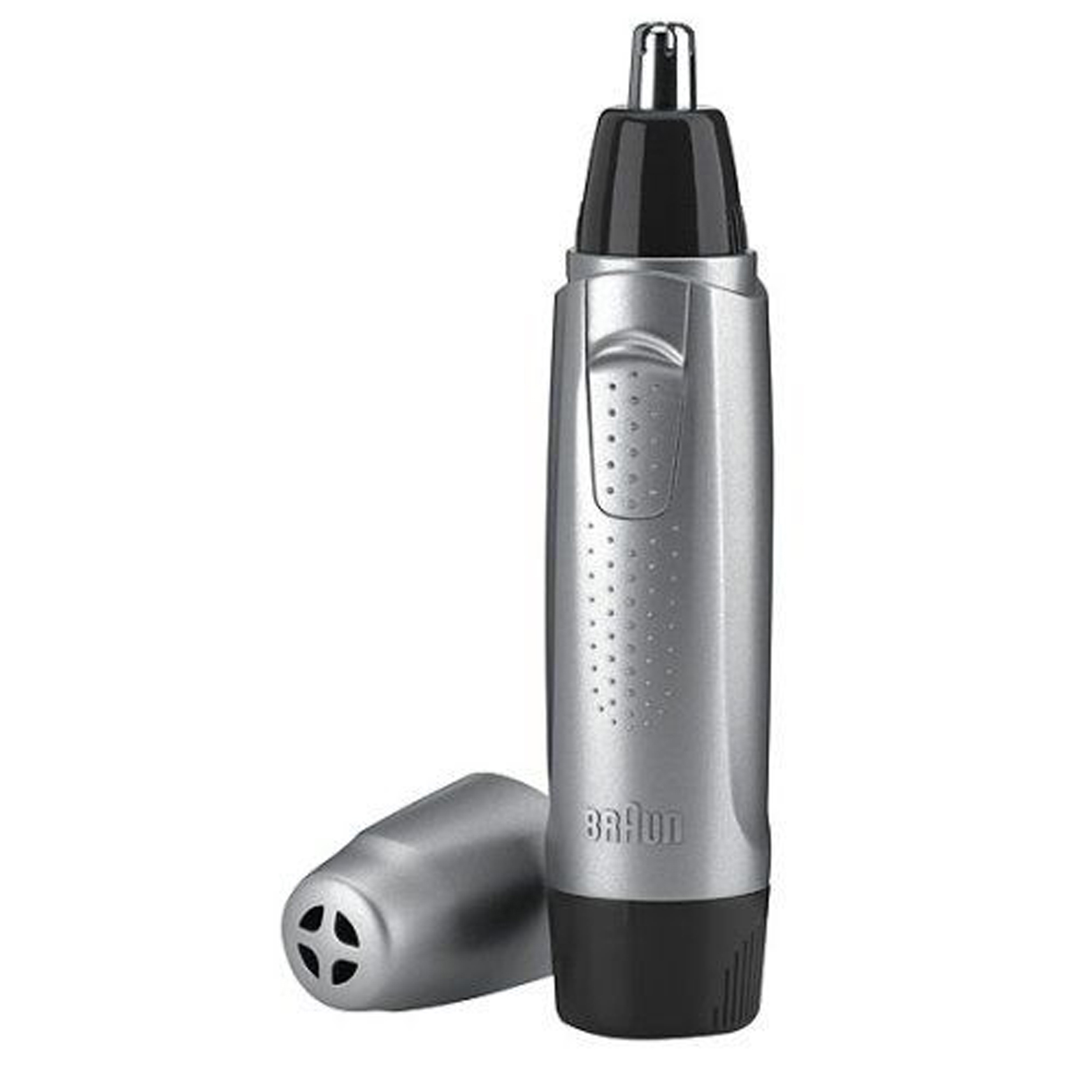 Nasenhaartrimmer, silber und schwarz, mit Kappe.