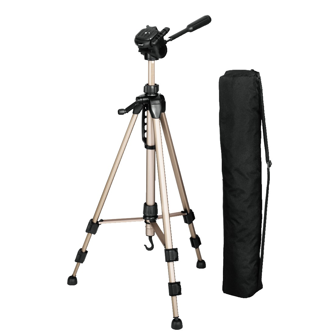 A tripod with a carry bag next to it, for camera use.